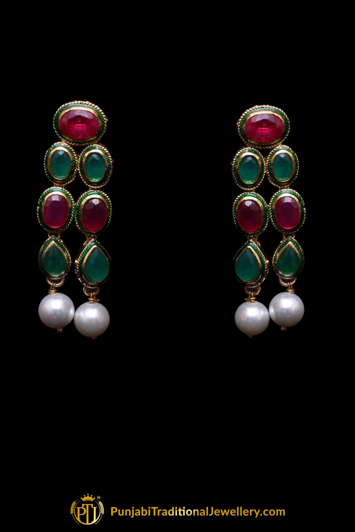 Green Red Pearl Kundan Necklace Set By Punjabi Traditional Jewellery
