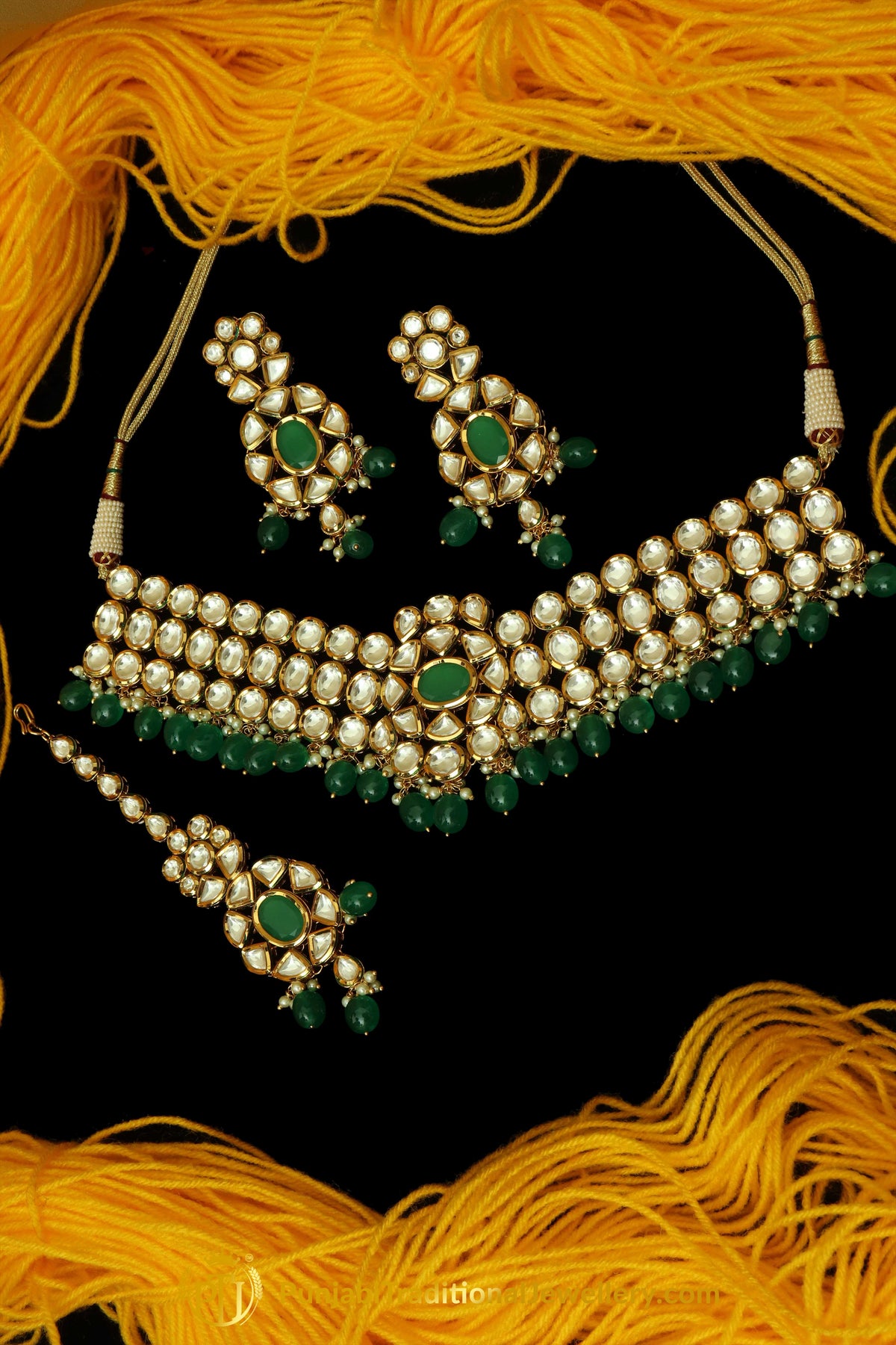 Green Kundan & Pearl Choker Necklace Set By Punjabi Traditional Jewellery
