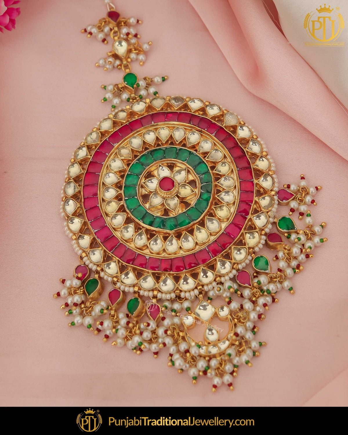 Gold Finished Kundan Green Red Pearl Tikka | Punjabi Traditional Jewellery Exclusive