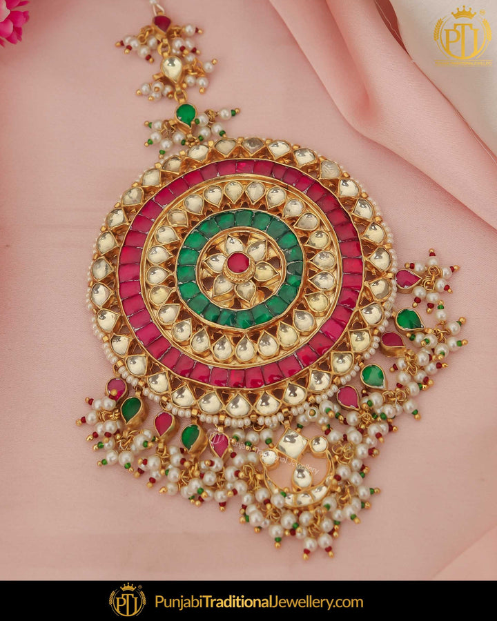 Gold Finished Kundan Green Red Pearl Tikka | Punjabi Traditional Jewellery Exclusive