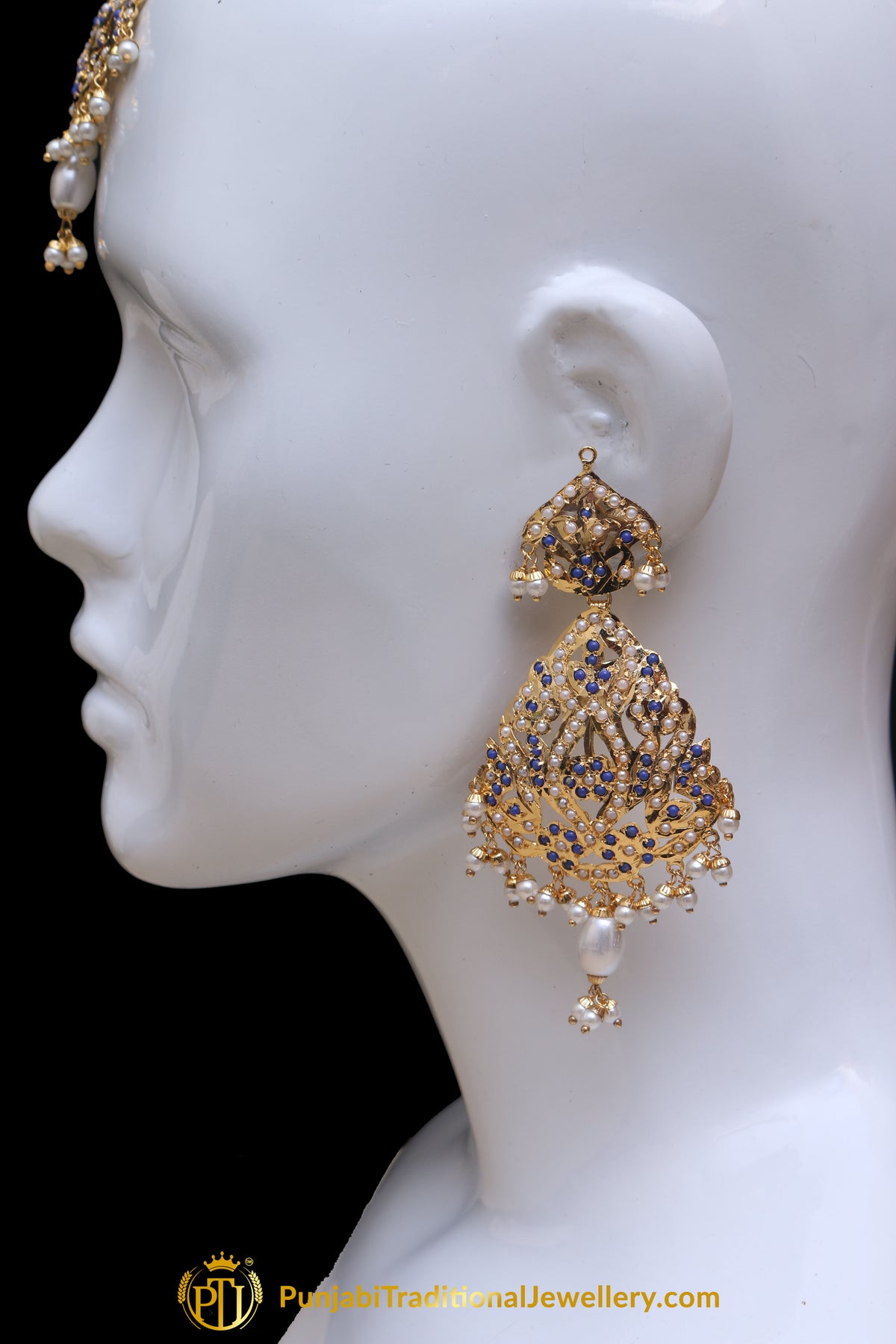 Blue Jadau Pearl Earring Tikka Set By Punjabi Traditional Jewellery
