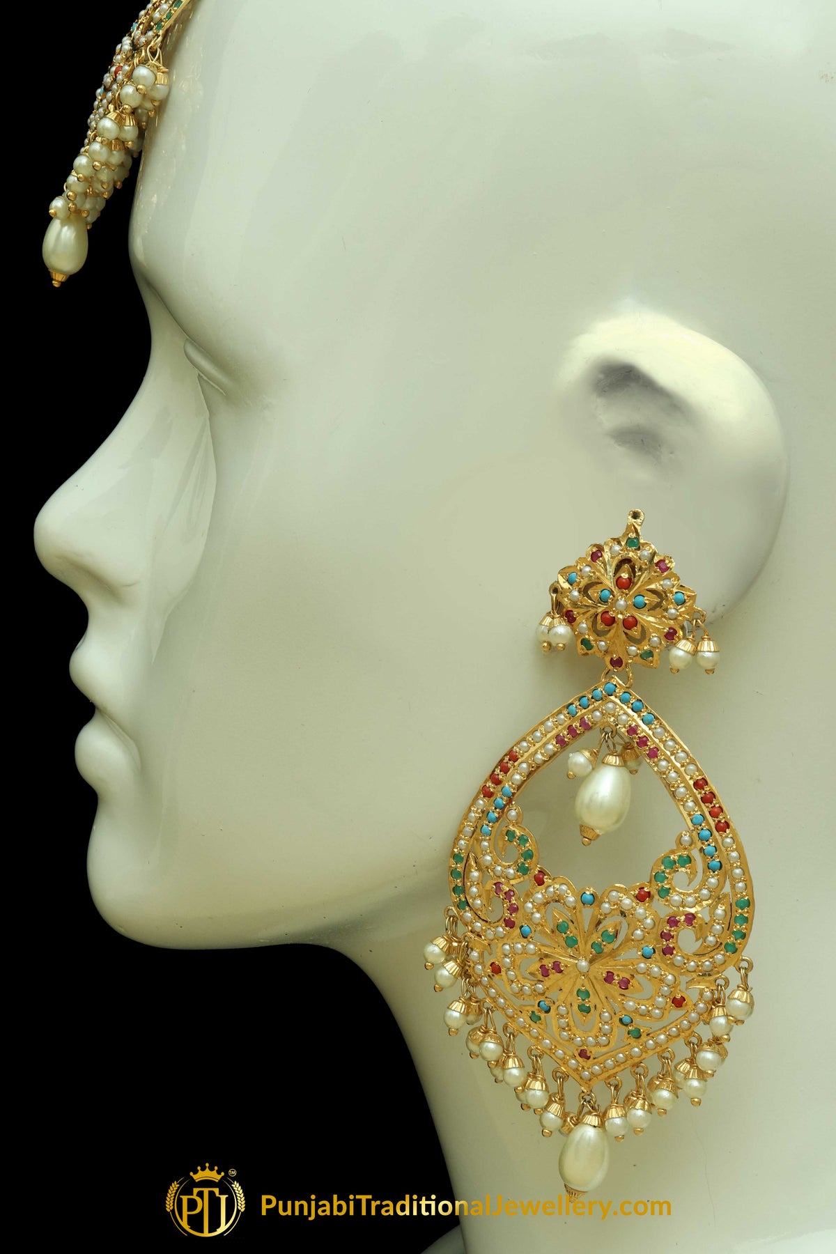 Multi Jadau Pearl Earring Tikka Set By Punjabi Traditional Jewellery