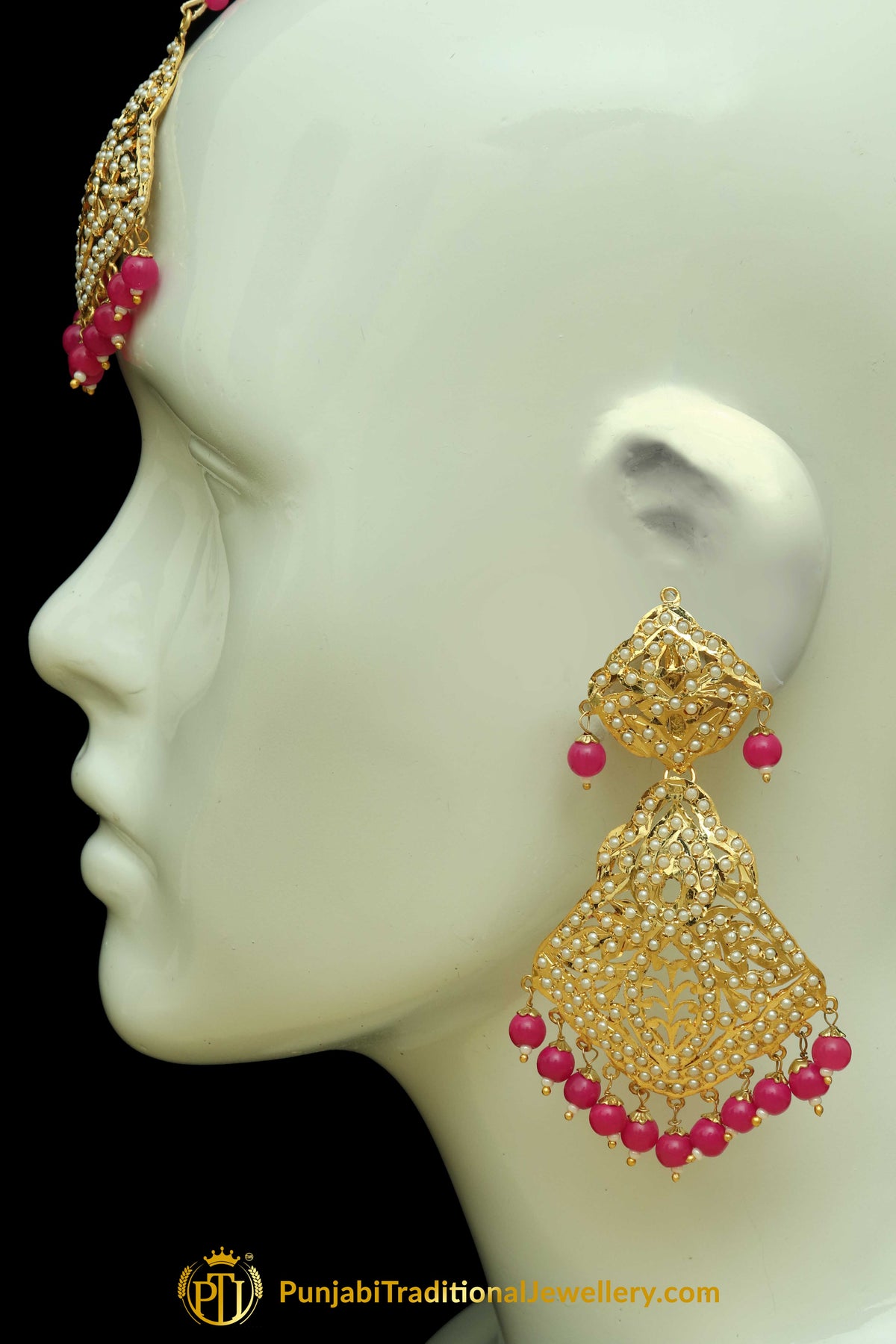 Pink Jadau Earring Tikka Set By Punjabi Traditional Jewellery