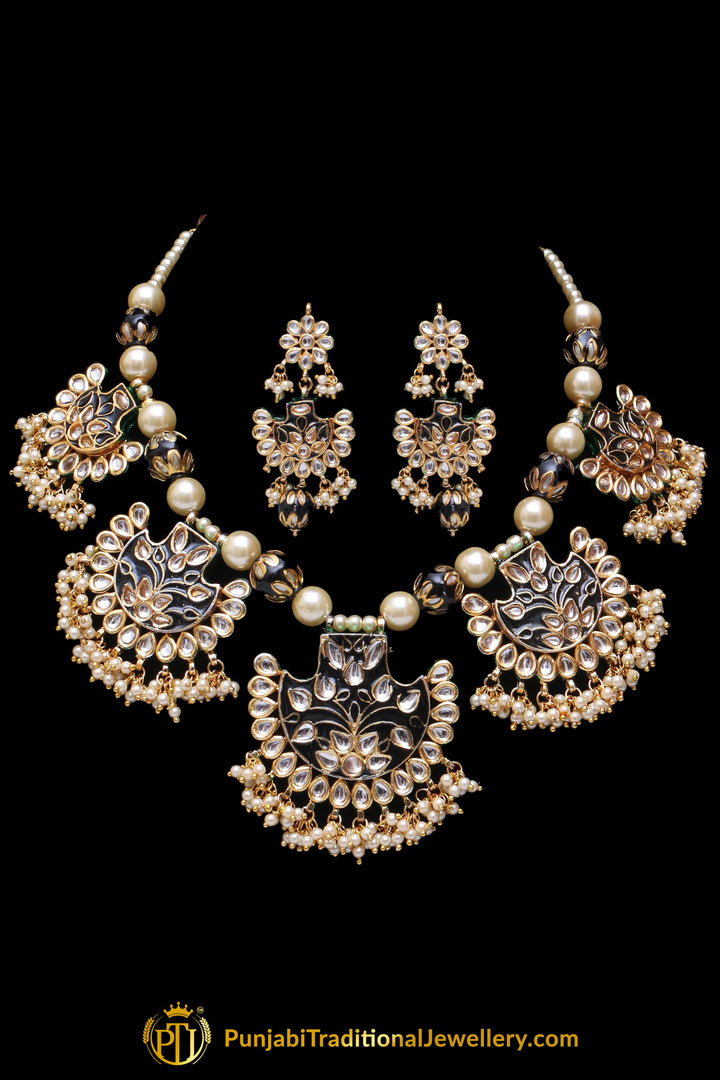 Blue Kundan Mala Meena Necklace Set By Punjabi Traditional Jewellery