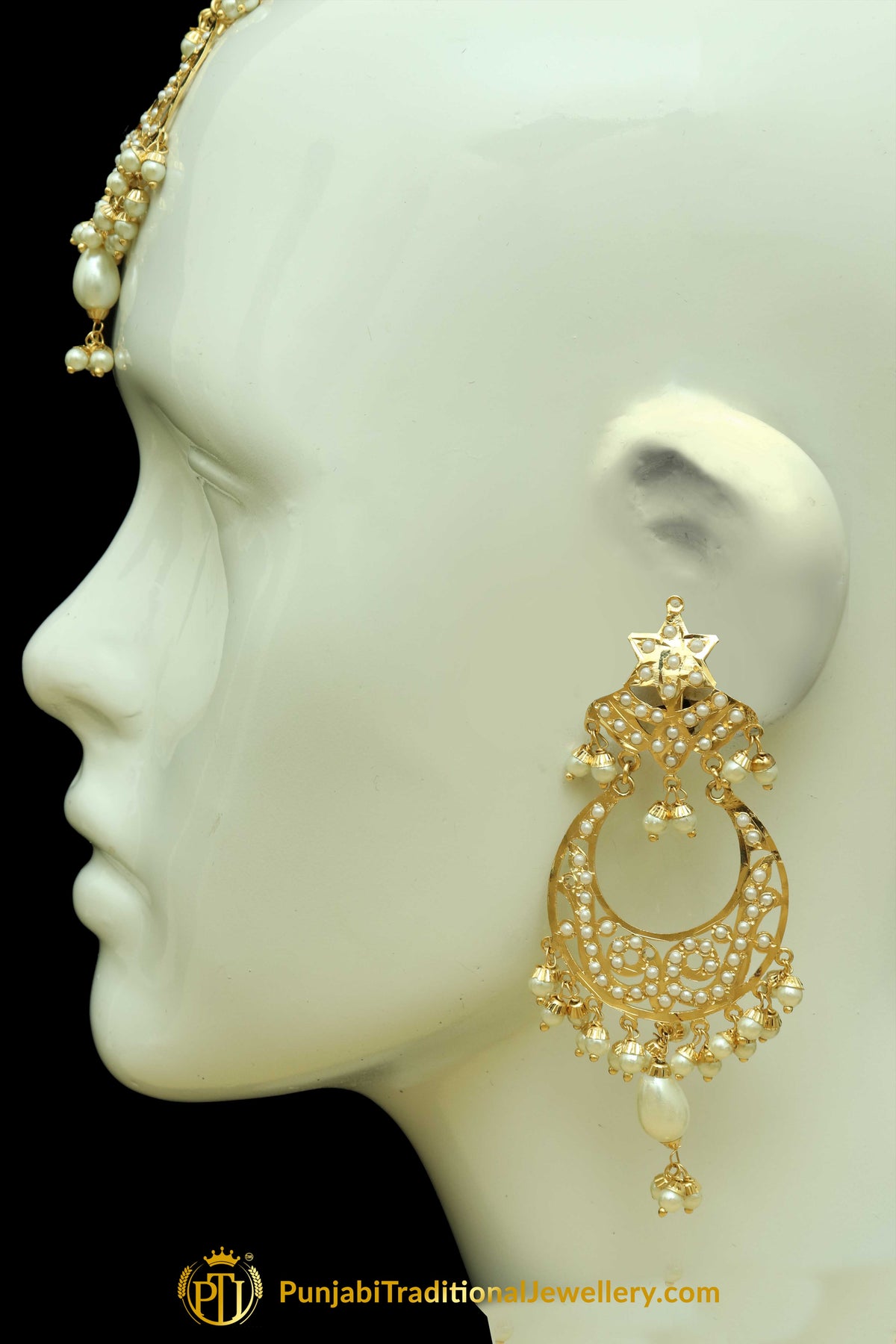 Golden Jadau Pearl Earring Tikka Set By Punjabi Traditional Jewellery