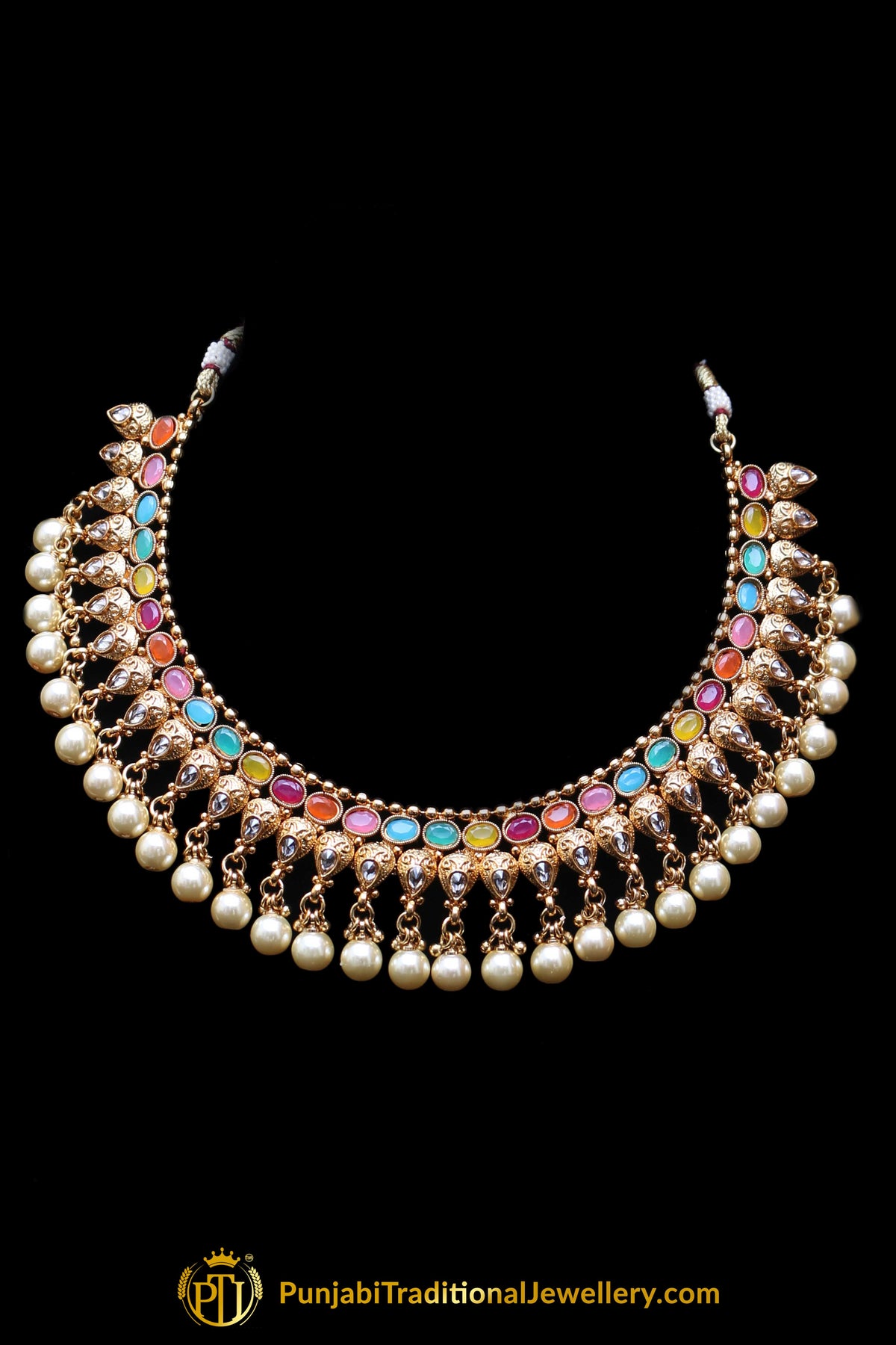 Multi White Pearl Polki Necklace Set By Punjabi Taditional Jewellery