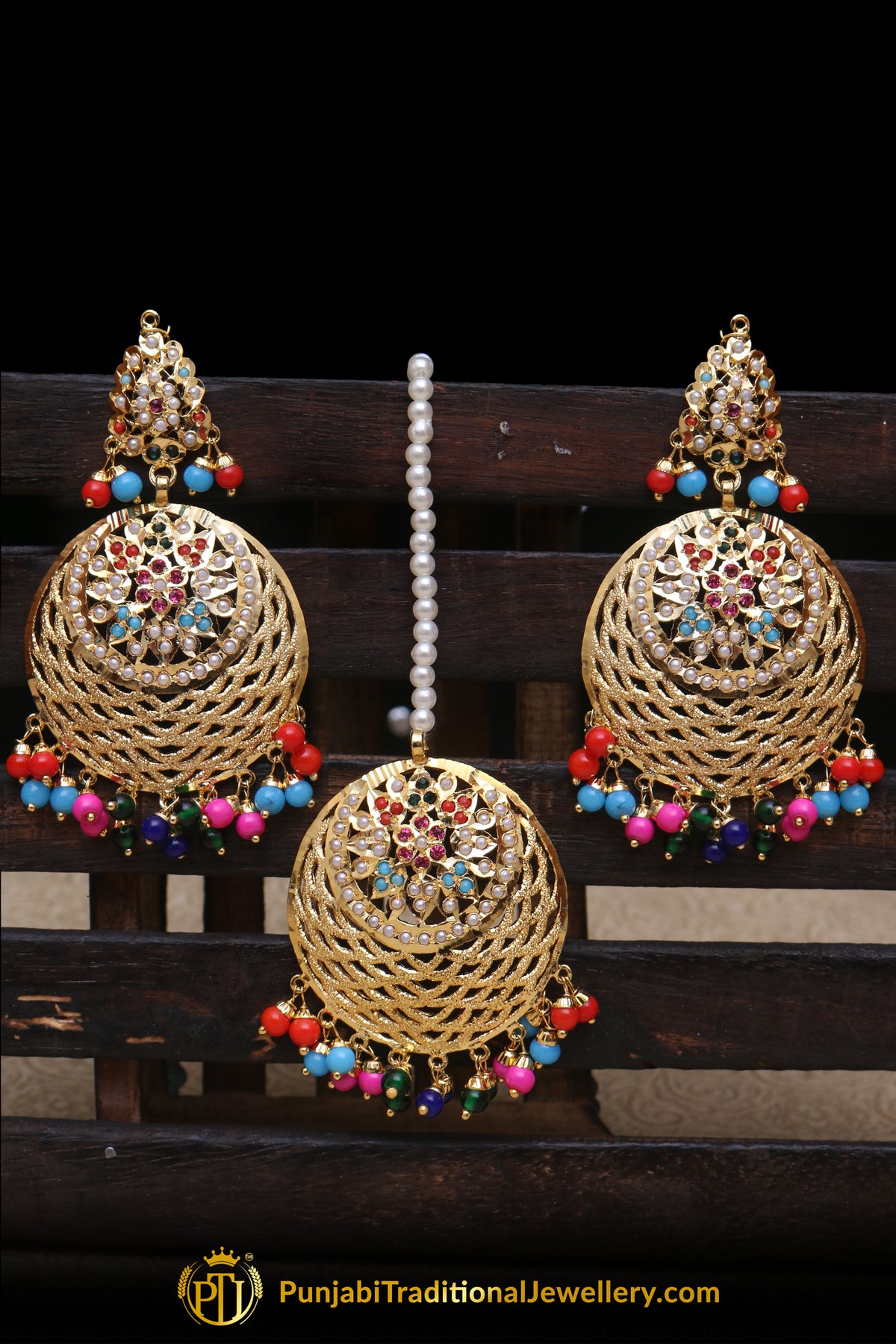 Multi Jadau Pearl Earring Tikka Set By Punjabi Traditional Jewellery