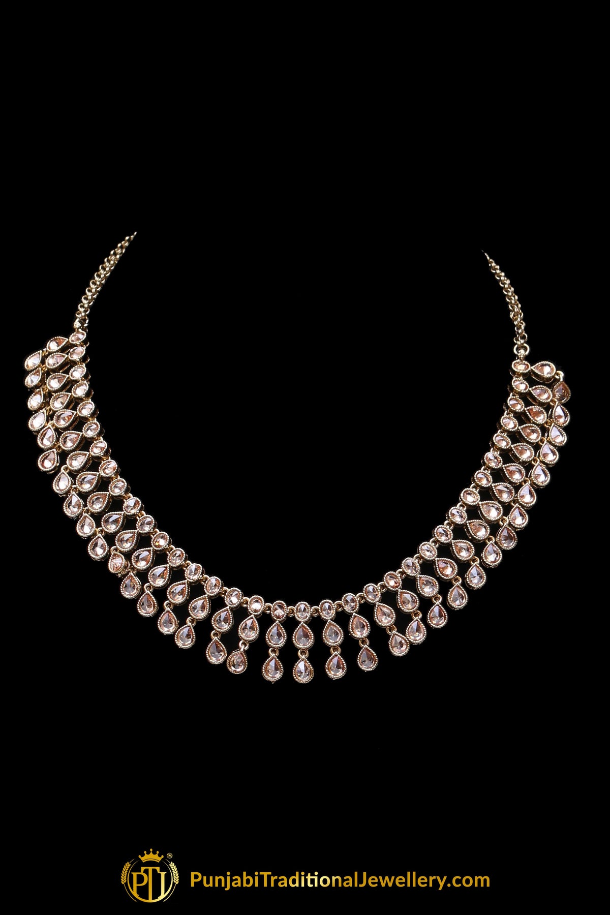 Golden Champagne Stone Necklace Set By Punjabi Traditional Jewellery