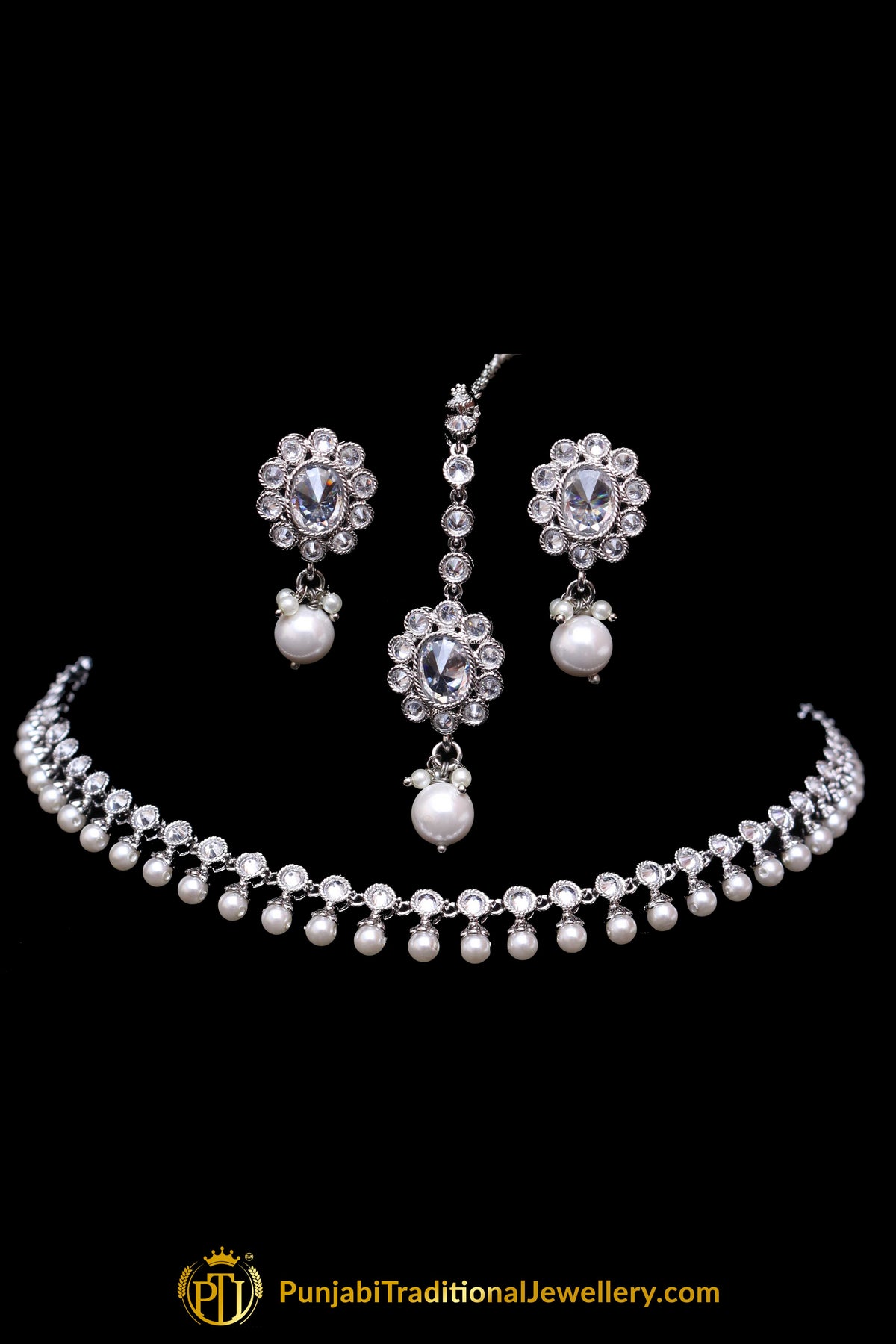 Silver Polki Pearl Necklace Set By Punjabi Traditional Jewellery