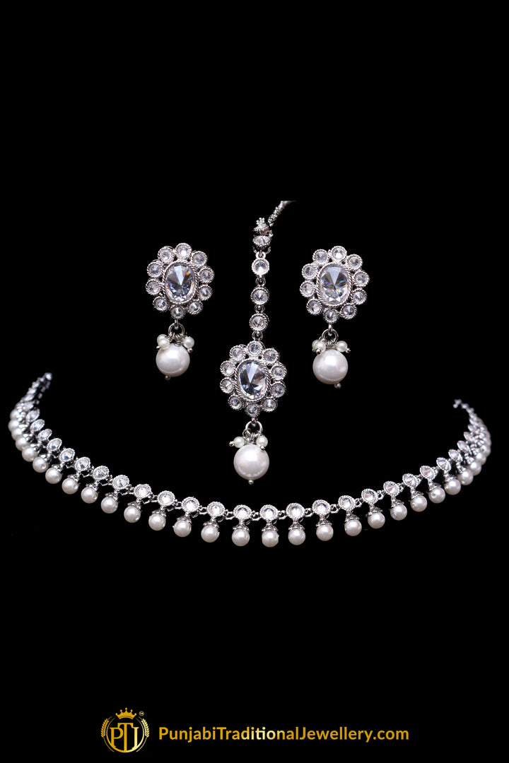 Silver Polki Pearl Necklace Set By Punjabi Traditional Jewellery