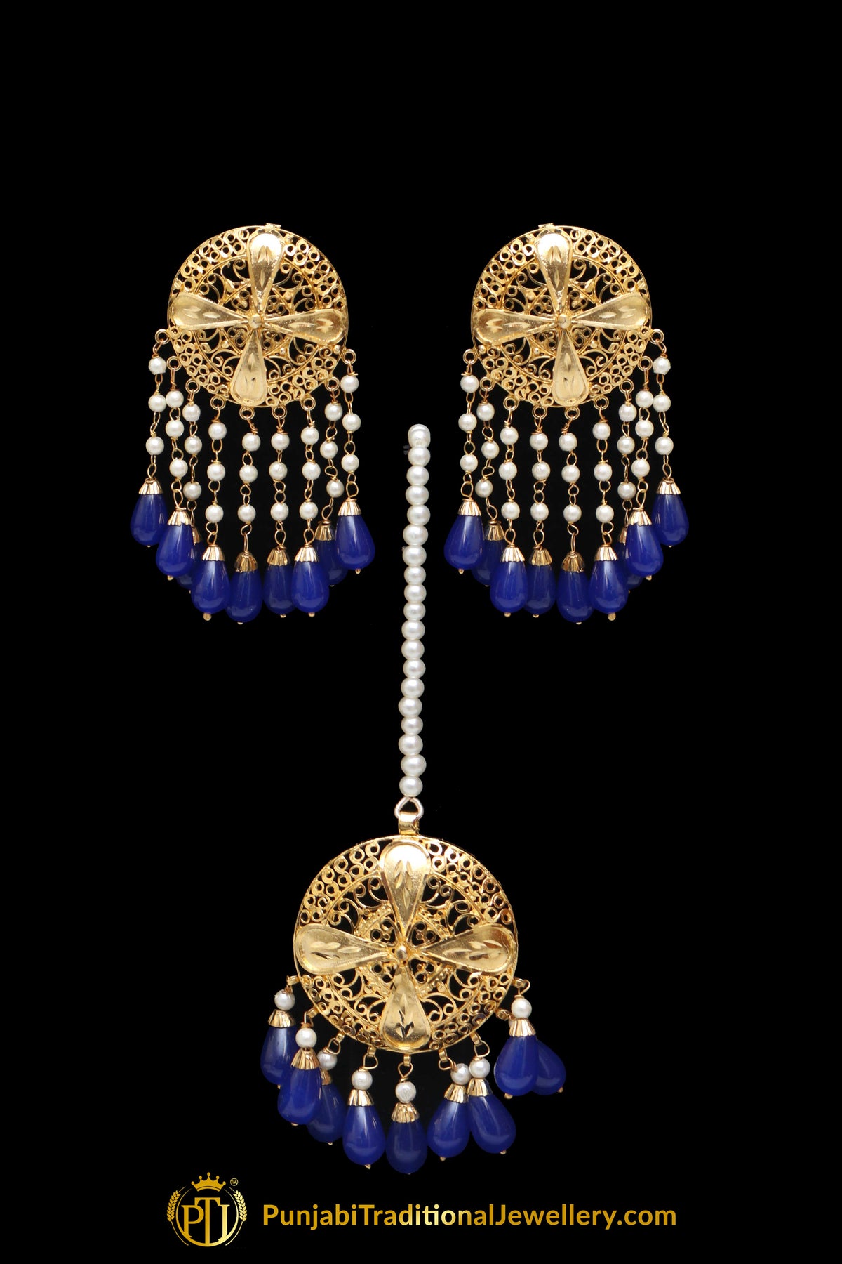 Blue Jhumar Earrings & Tikka Set By Punjabi Traditional Jewellery