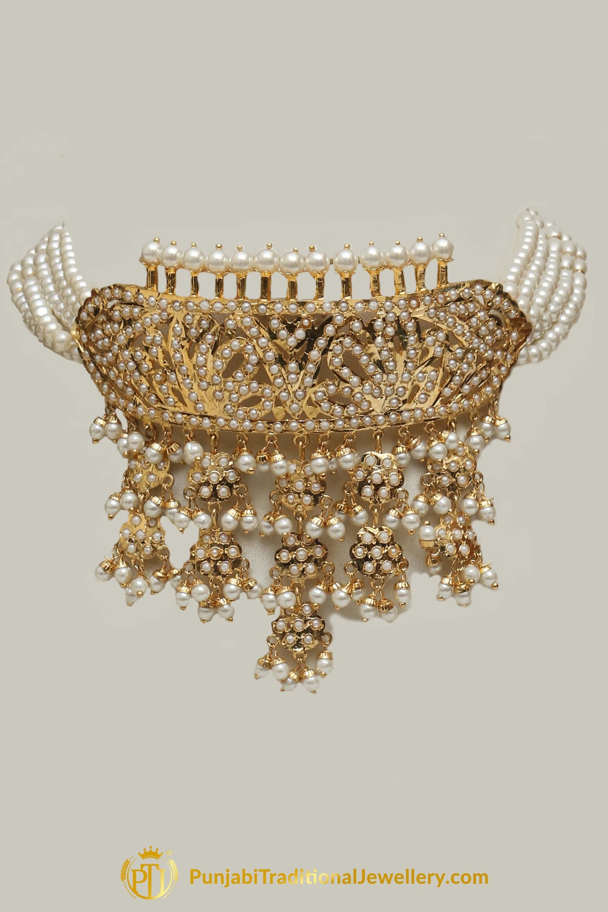 Jadau Golden Pearl Necklace Set By Punjabi Traditional Jewellery