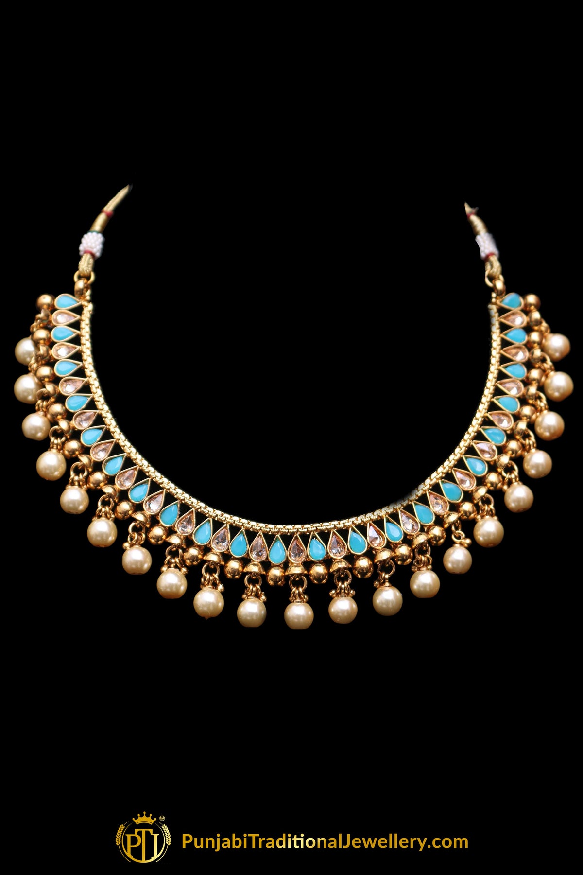 Firozi Polki Pearl Necklace Set By Punjabi Traditional Jewellery
