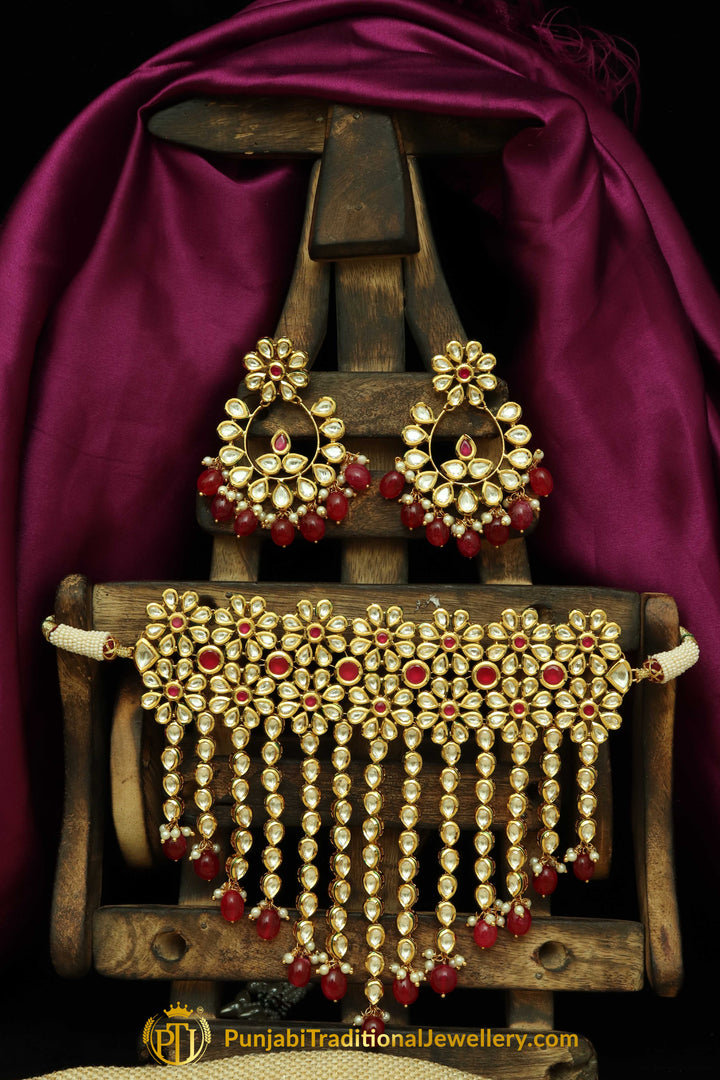 Red Kundan & Pearl Choker Necklace Set By Punjabi Traditional Jewellery