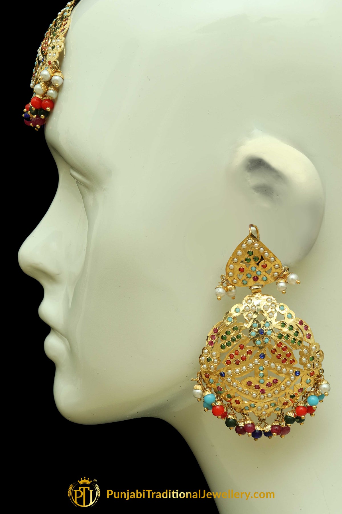 Multi Jadau Pearl Earring Tikka Set By Punjabi Traditional Jewellery