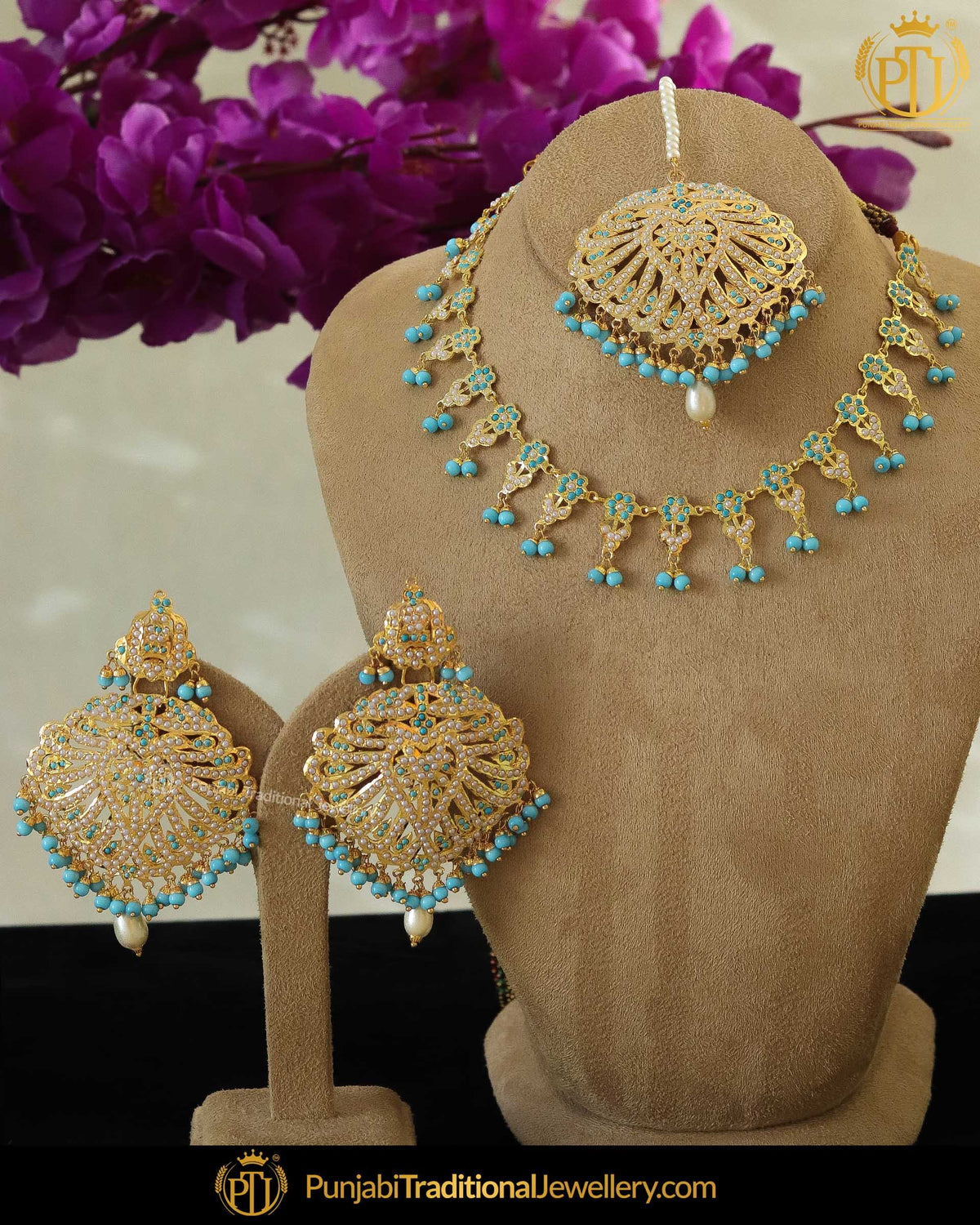 Gold Finished Jadau Pearl Firozi Necklace Set | Punjabi Traditional Jewellery Exclusive