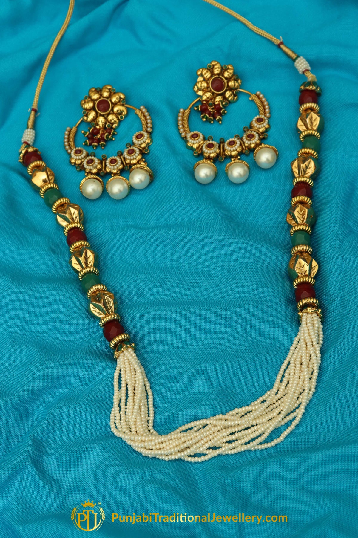 Rubby Panna Pearl Jodha Mala Necklace Set By Punjabi Traditional Jewellery