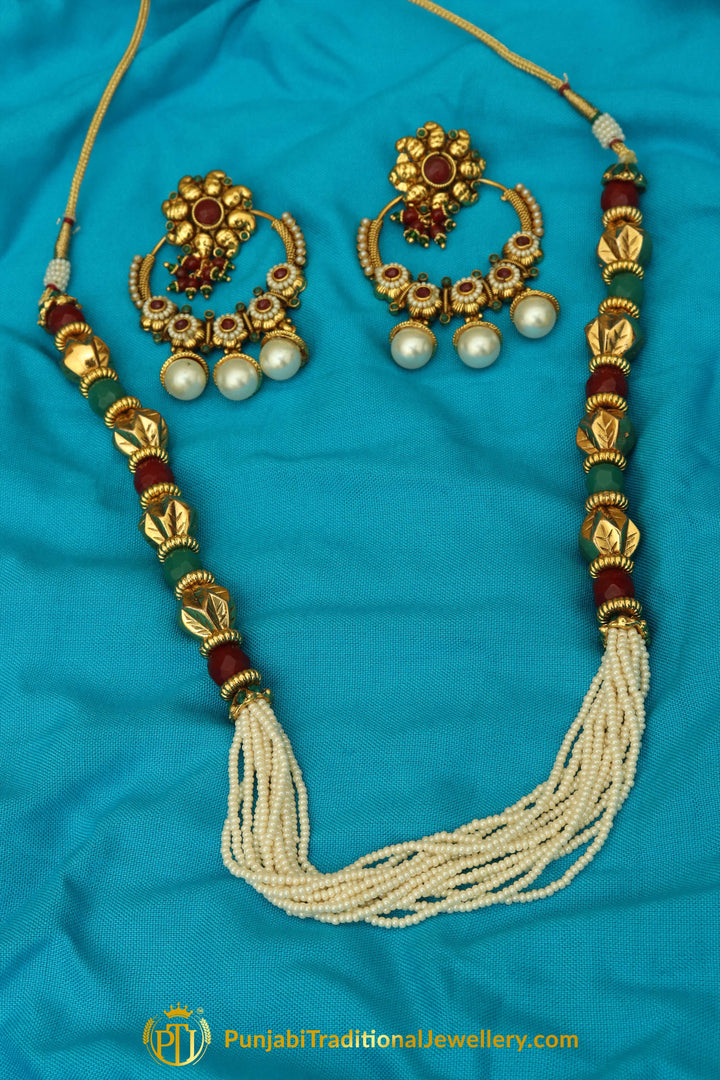 Rubby Panna Pearl Jodha Mala Necklace Set By Punjabi Traditional Jewellery