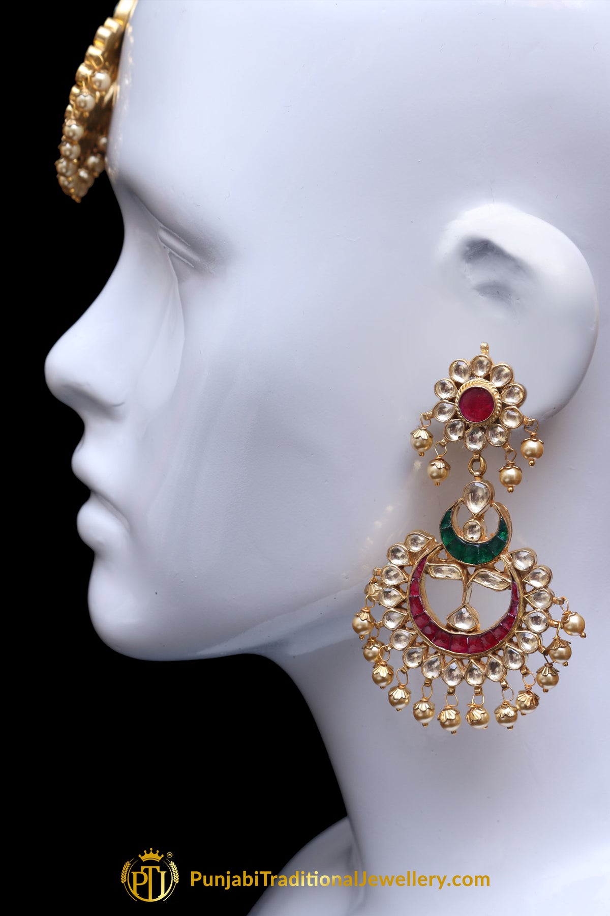 Rubby Panna Kundan Pearl Earring Tikka Set By Punjabi Traditional Jewellery