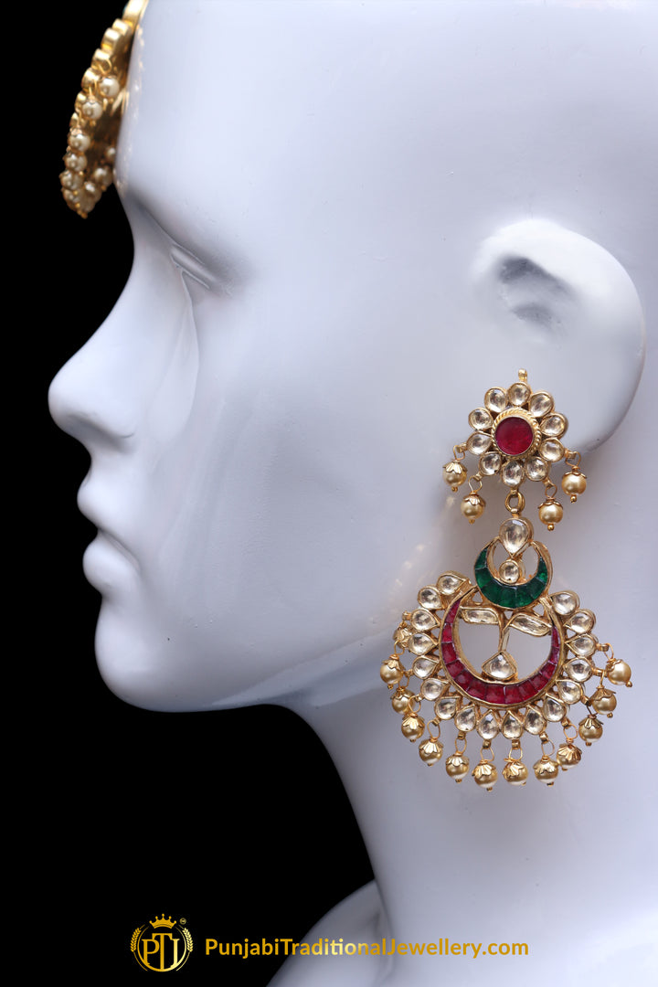 Rubby Panna Kundan Pearl Earring Tikka Set By Punjabi Traditional Jewellery