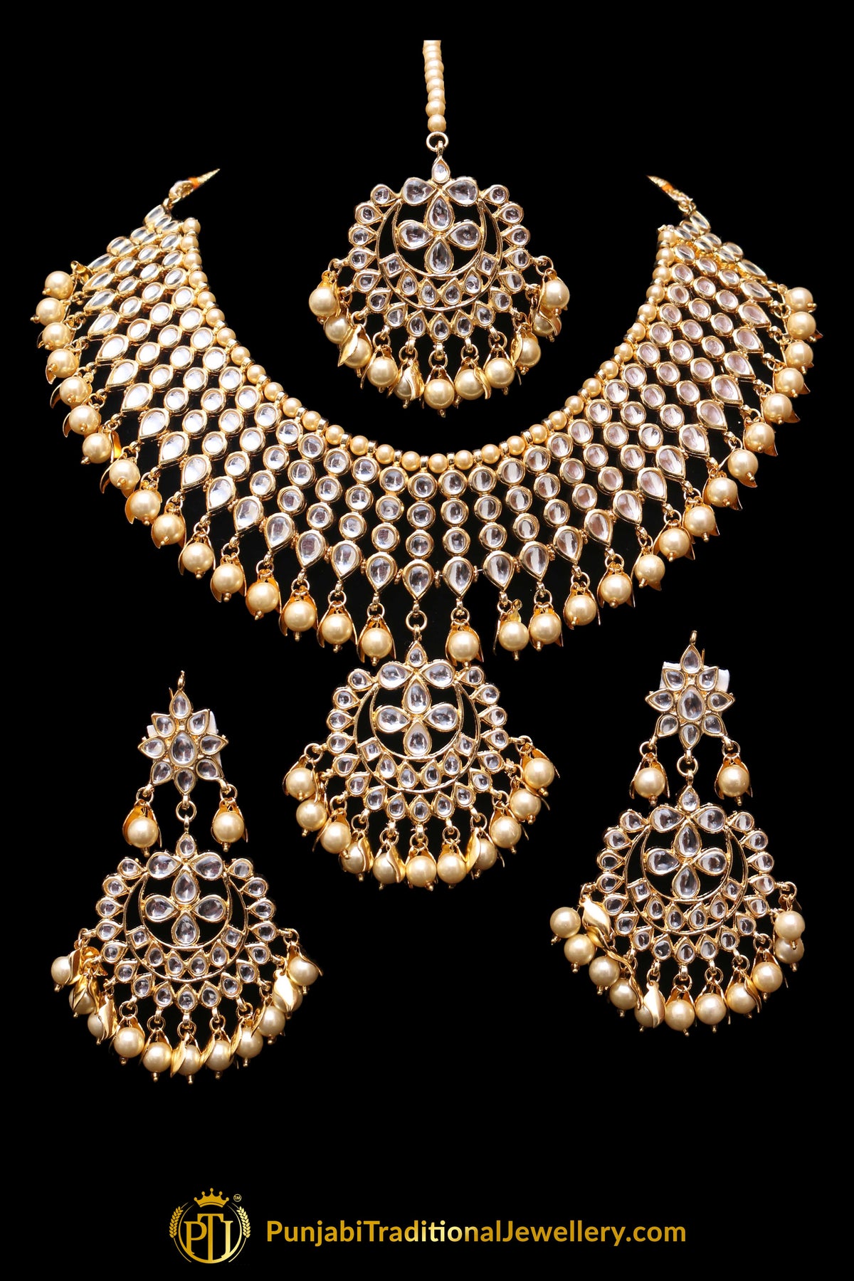 Golden Pearl Kundan Necklace Set Punjabi Traditional Jewellery