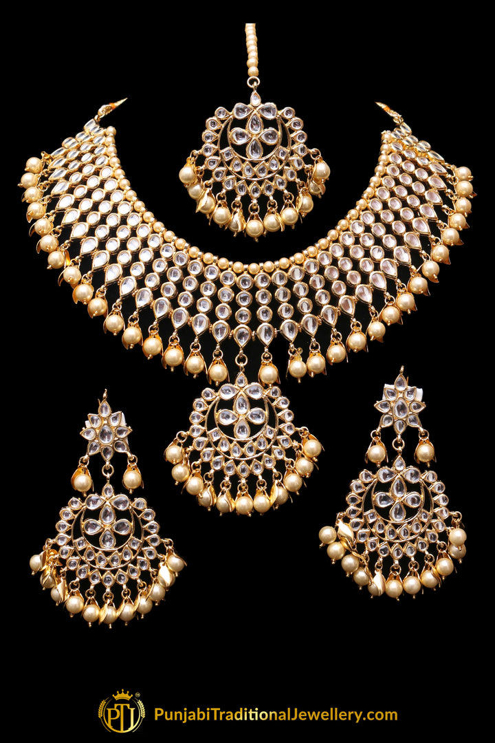 Golden Pearl Kundan Necklace Set Punjabi Traditional Jewellery