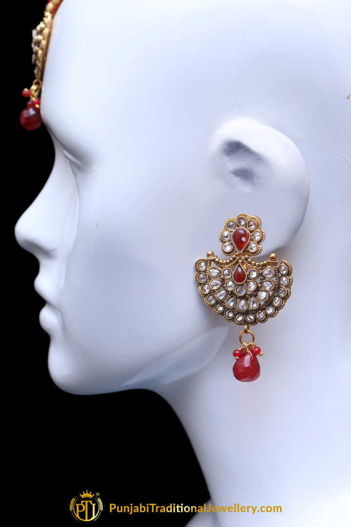 Red Polki Earring Tikka Set By Punjabi Traditional Jewellery