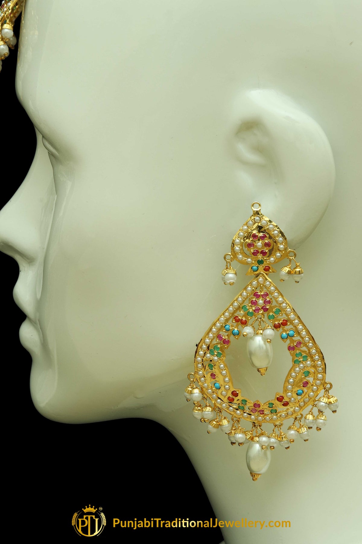 Gold Finished Navratan Jadau Earring Tikka Set By Punjabi Traditional Jewellery