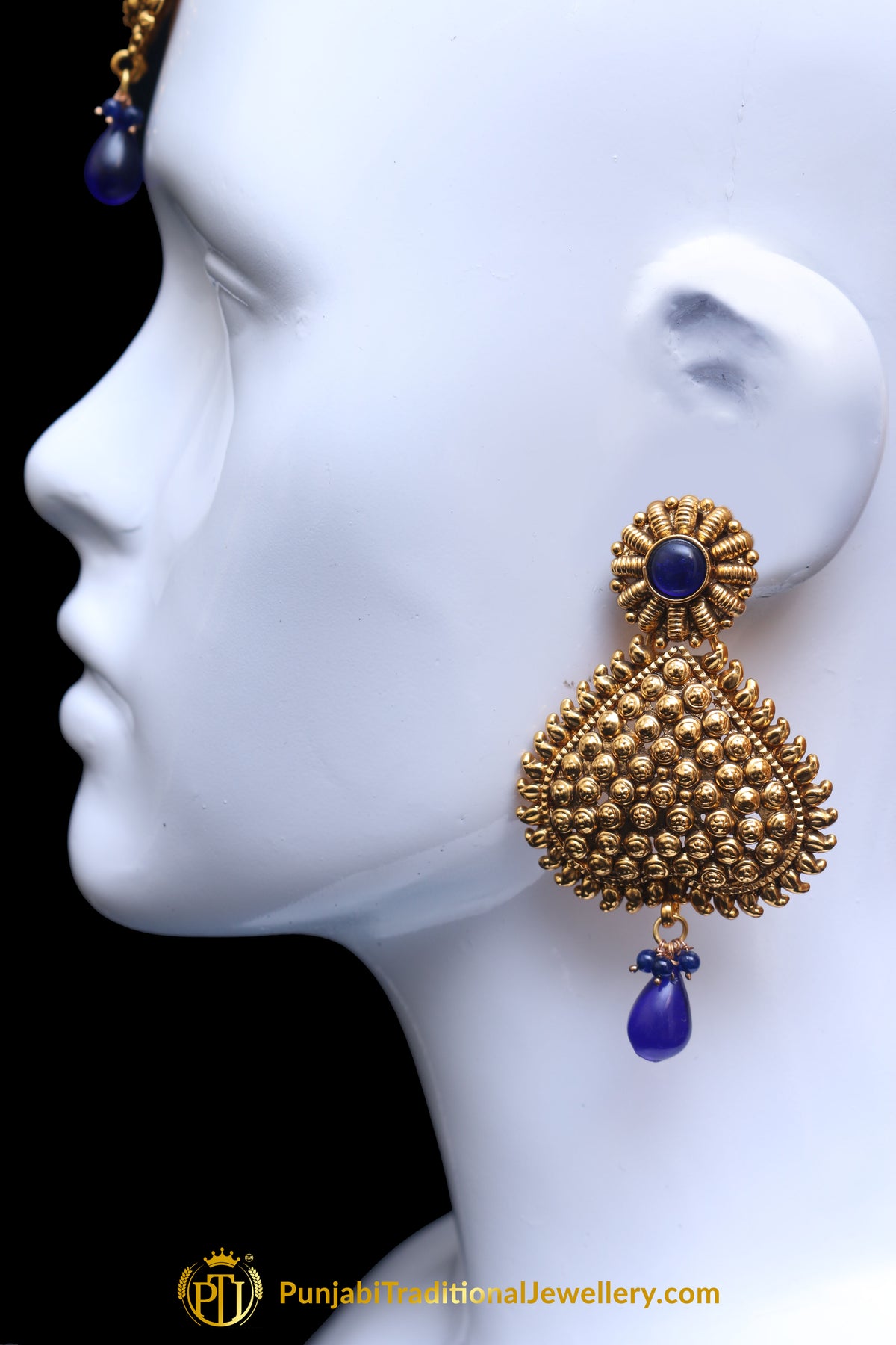 Blue Antique Gold Earring Tikka Set By Punjabi Traditional Jewellery