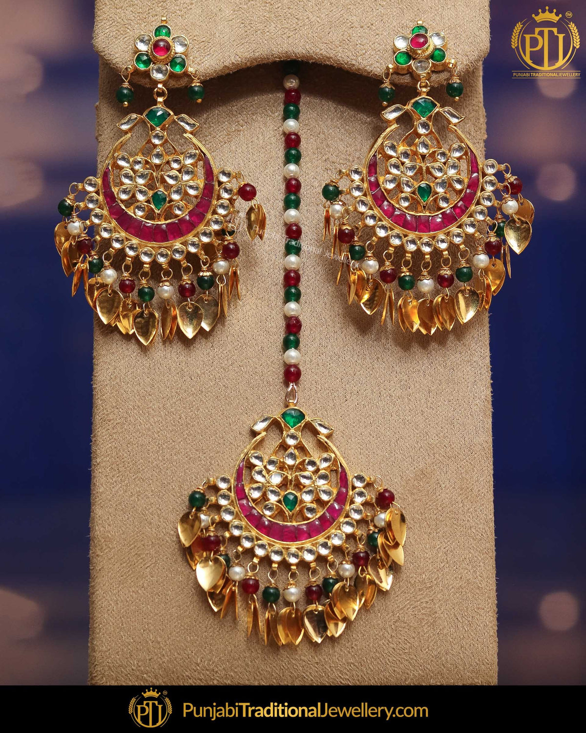 Gold Finished Pippal Patti  Rubby Panna Kundan Pearl Earring Tikka Set | Punjabi Traditional Jewellery Exclusive