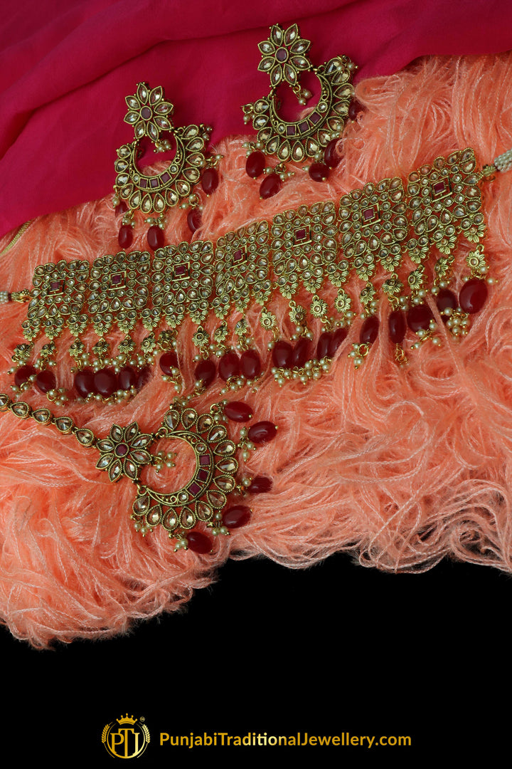 Red Polki Champagne Stone Choker Necklace Set By Punjabi Taditional Jewellery