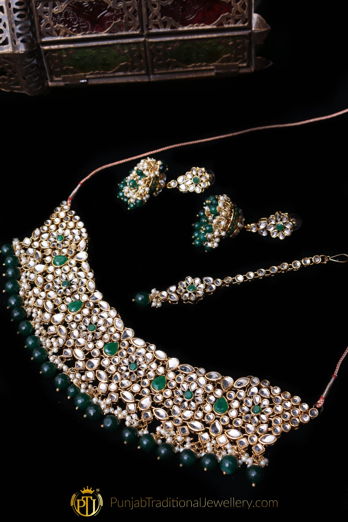 Green Kundan Necklace Set By Punjabi Traditional Jewellery