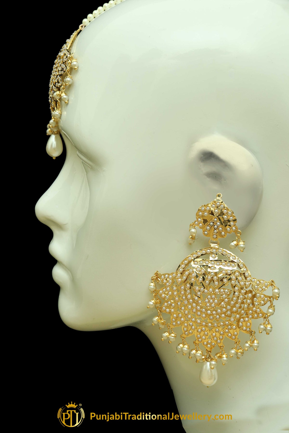 Golden Jadau Pearl Earring Tikka Set By Punjabi Traditional Jewellery