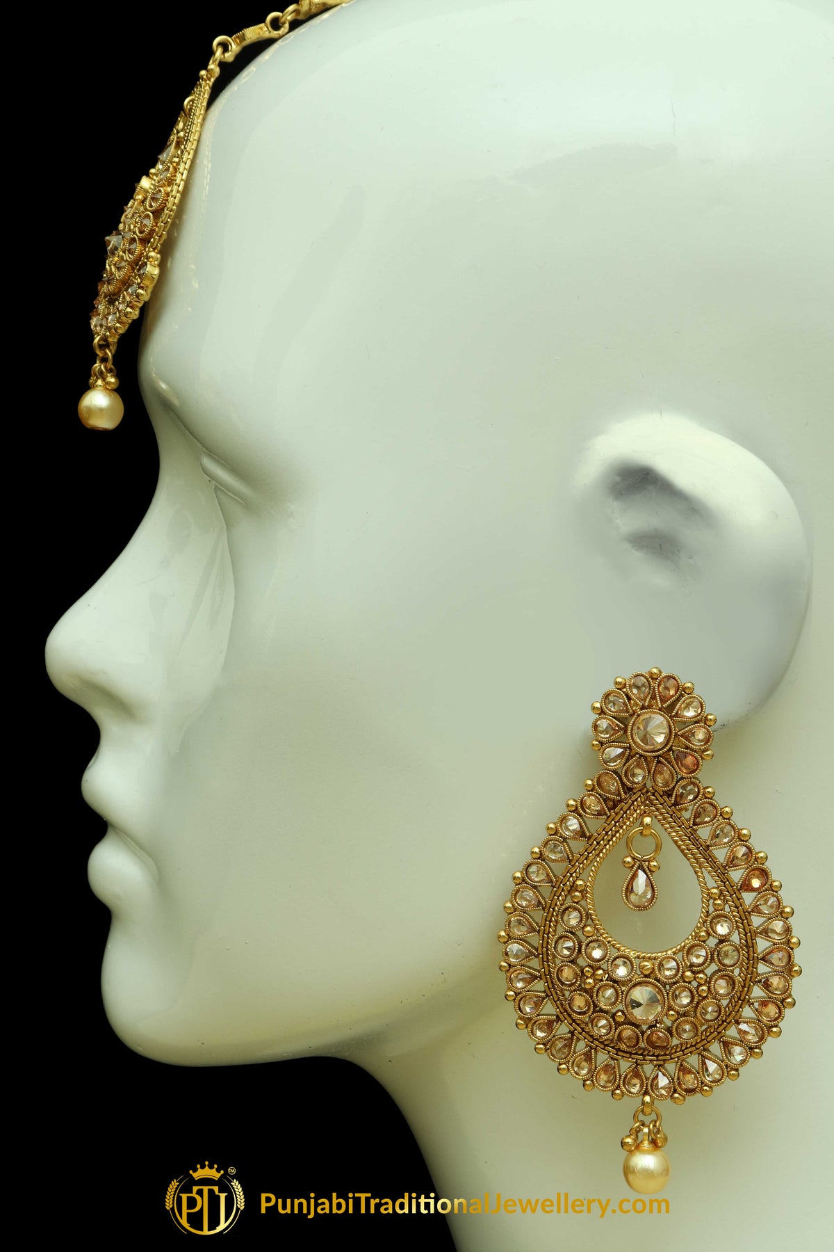 Golden Polki Pearl Earrings Tikka Set By Punjabi Traditional Jewellery