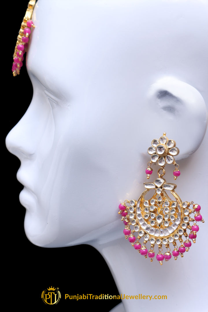 Pink Kundan Pearl Earring Tikka Set By Punjabi Traditional Jewellery