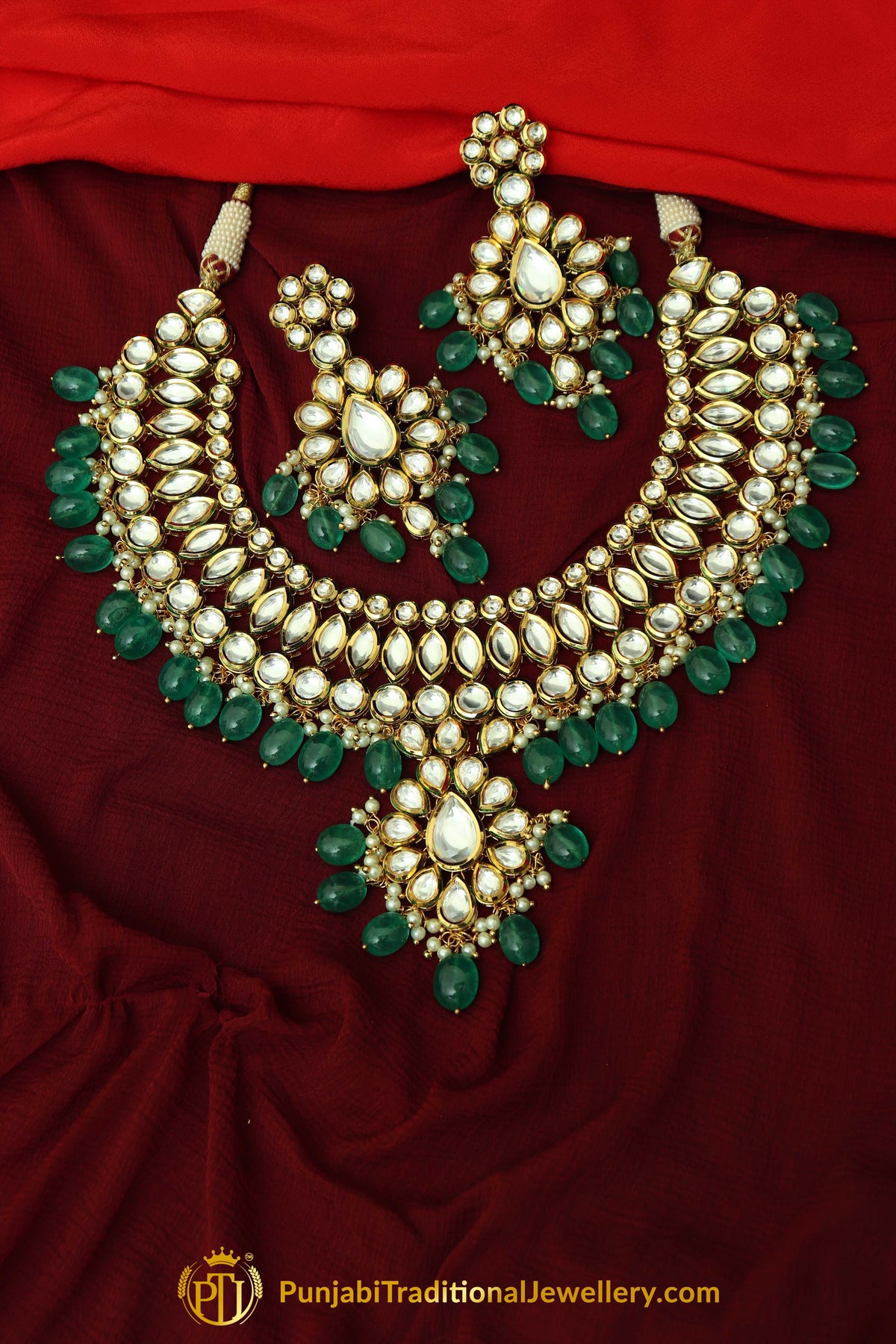 Green Kundan Necklace Set By Punjabi Taditional Jewellery