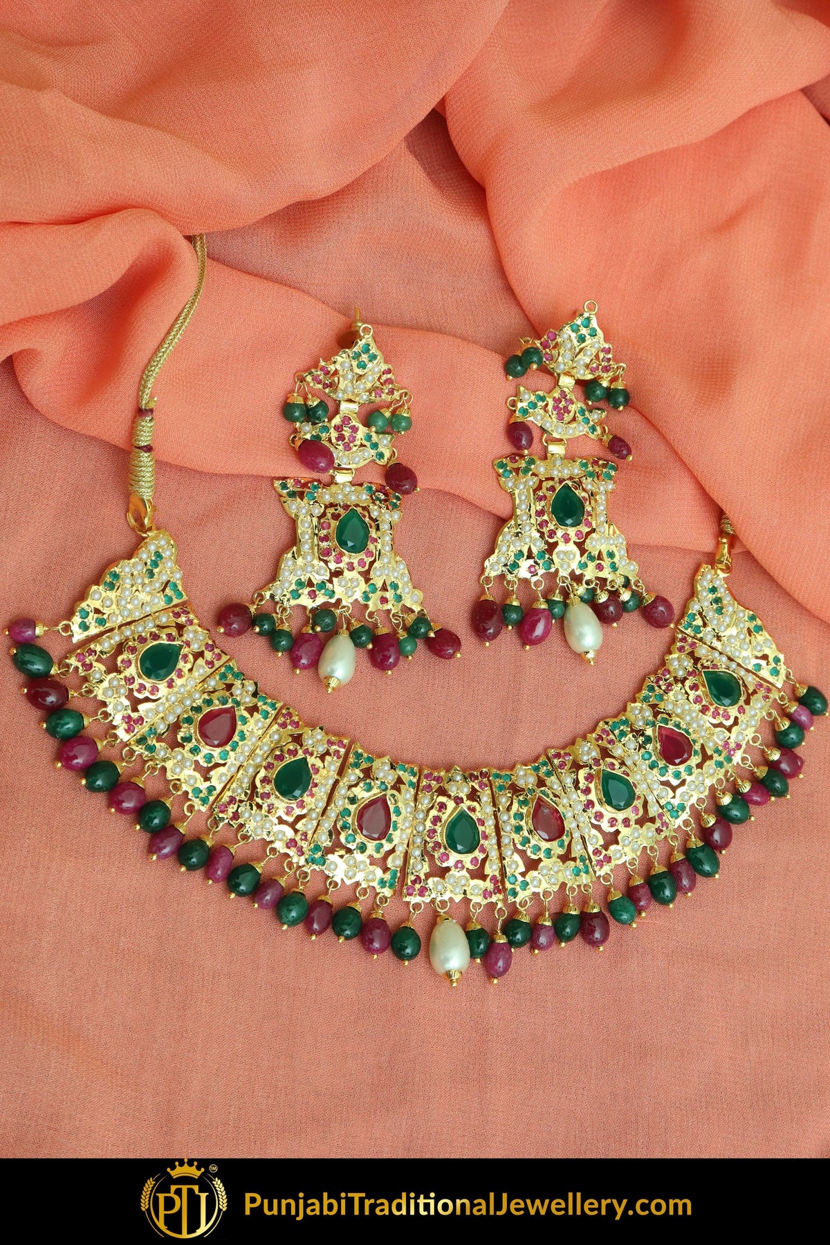 Jahida Gold Finished Emerald Rubby Jadau Necklace & Earrings | Punjabi Traditional Jewellery Exclusive