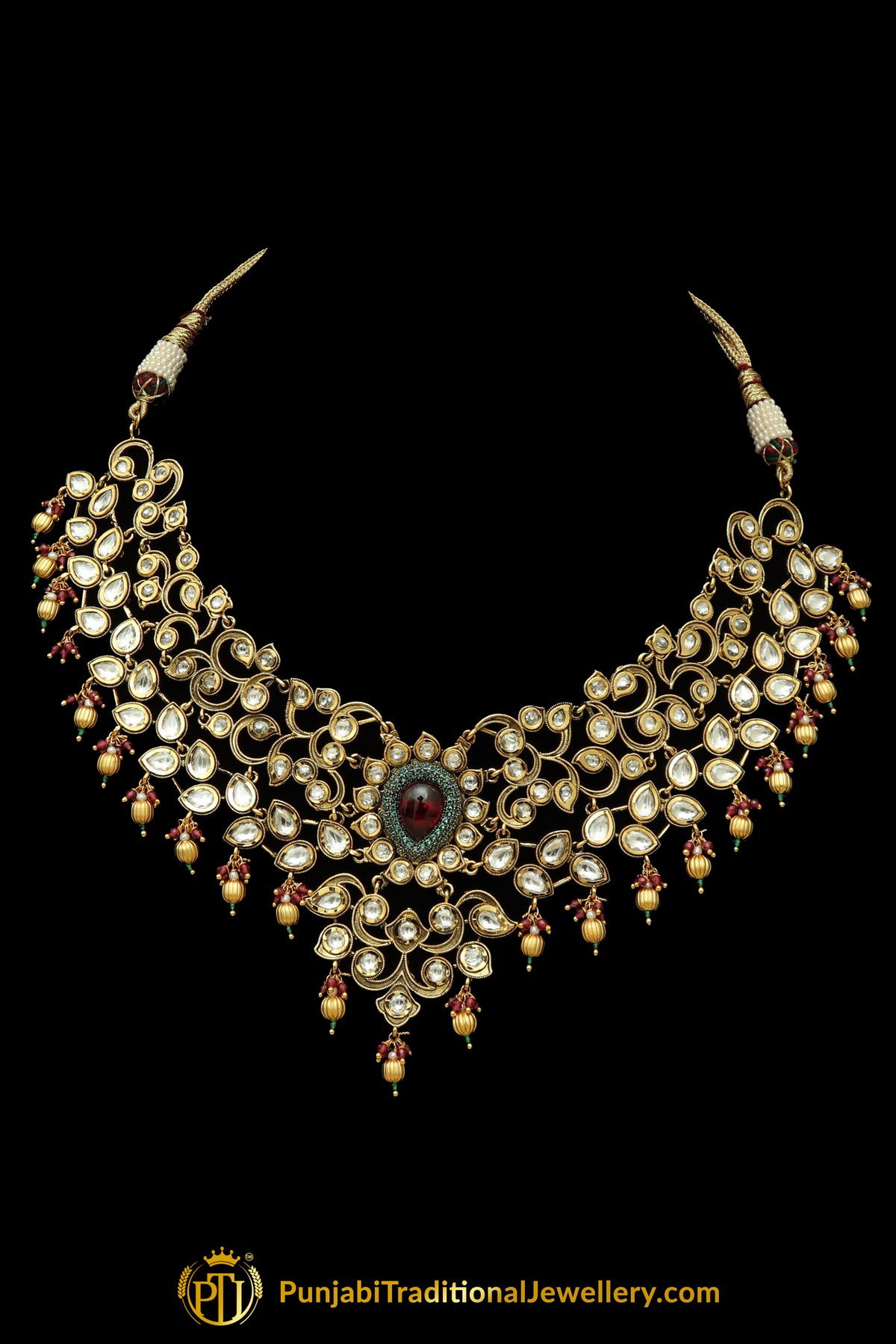 Matt Gold Red Polki Necklace Set By Punjabi Taditional Jewellery