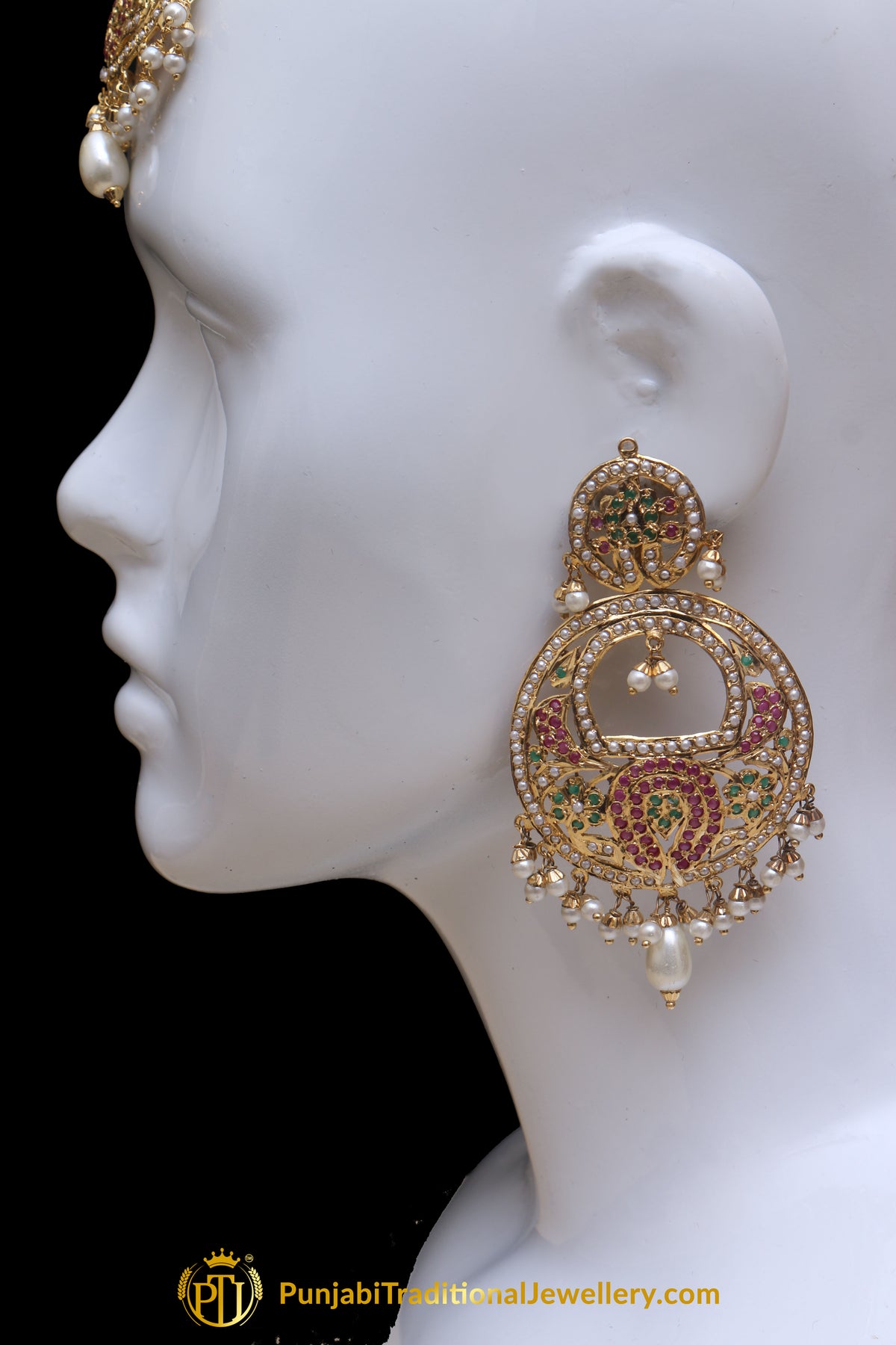 Multi Jadau Pearl Earring Tikka Set By Punjabi Traditional Jewellery
