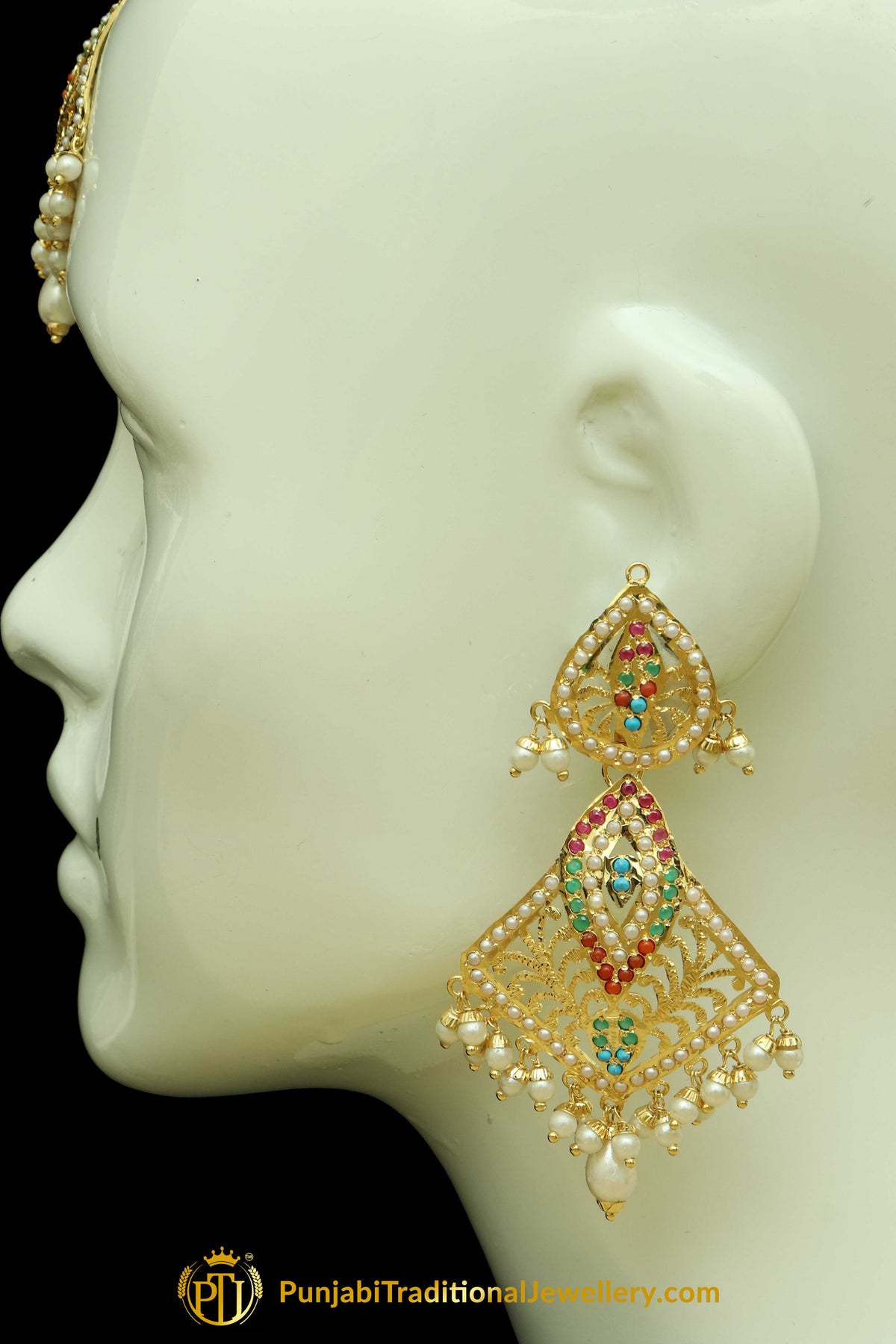 Gold Finished Navratan Jadau Earring Tikka Set By Punjabi Traditional Jewellery
