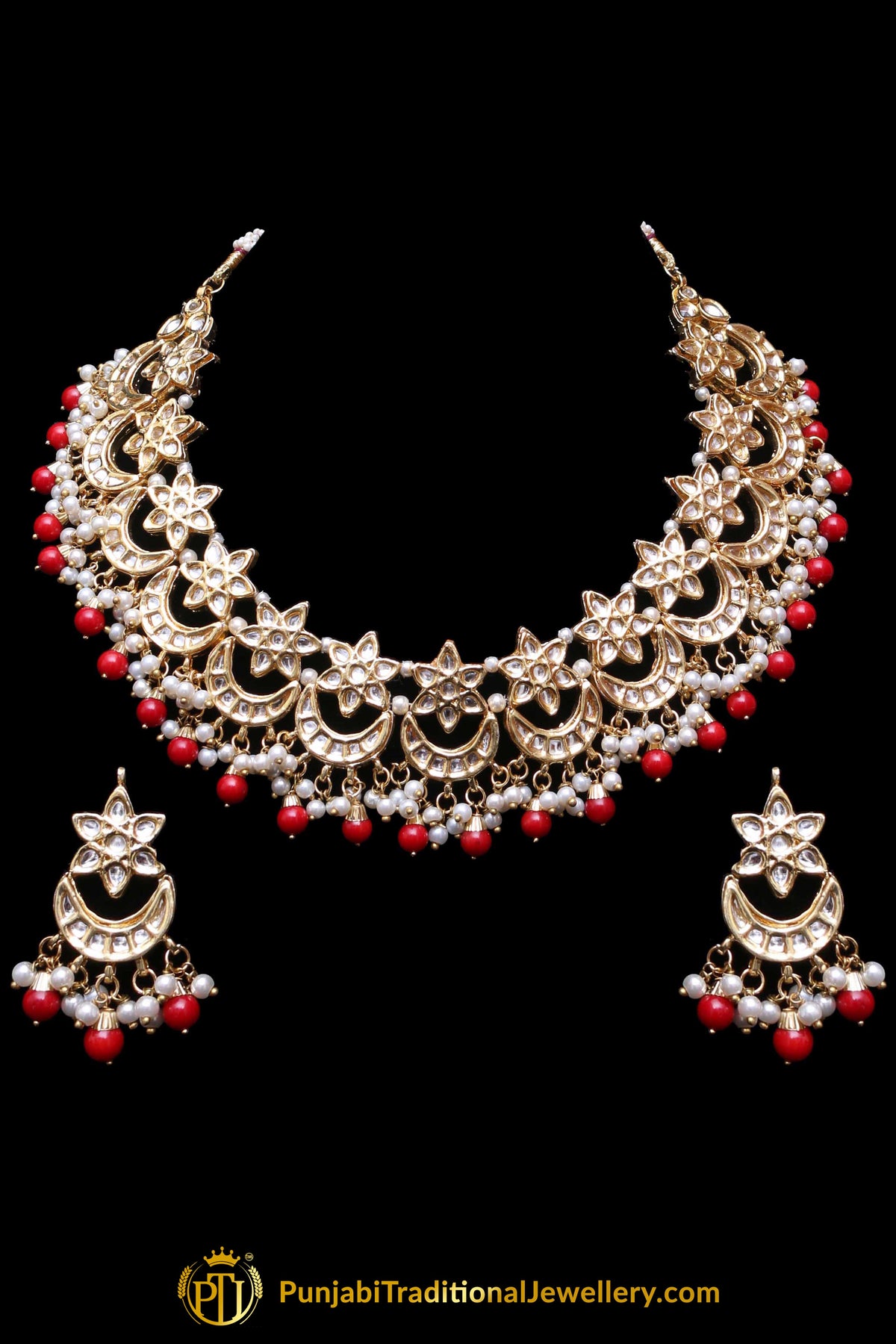 Red Pearl Kundan Necklace Set Punjabi Traditional Jewellery