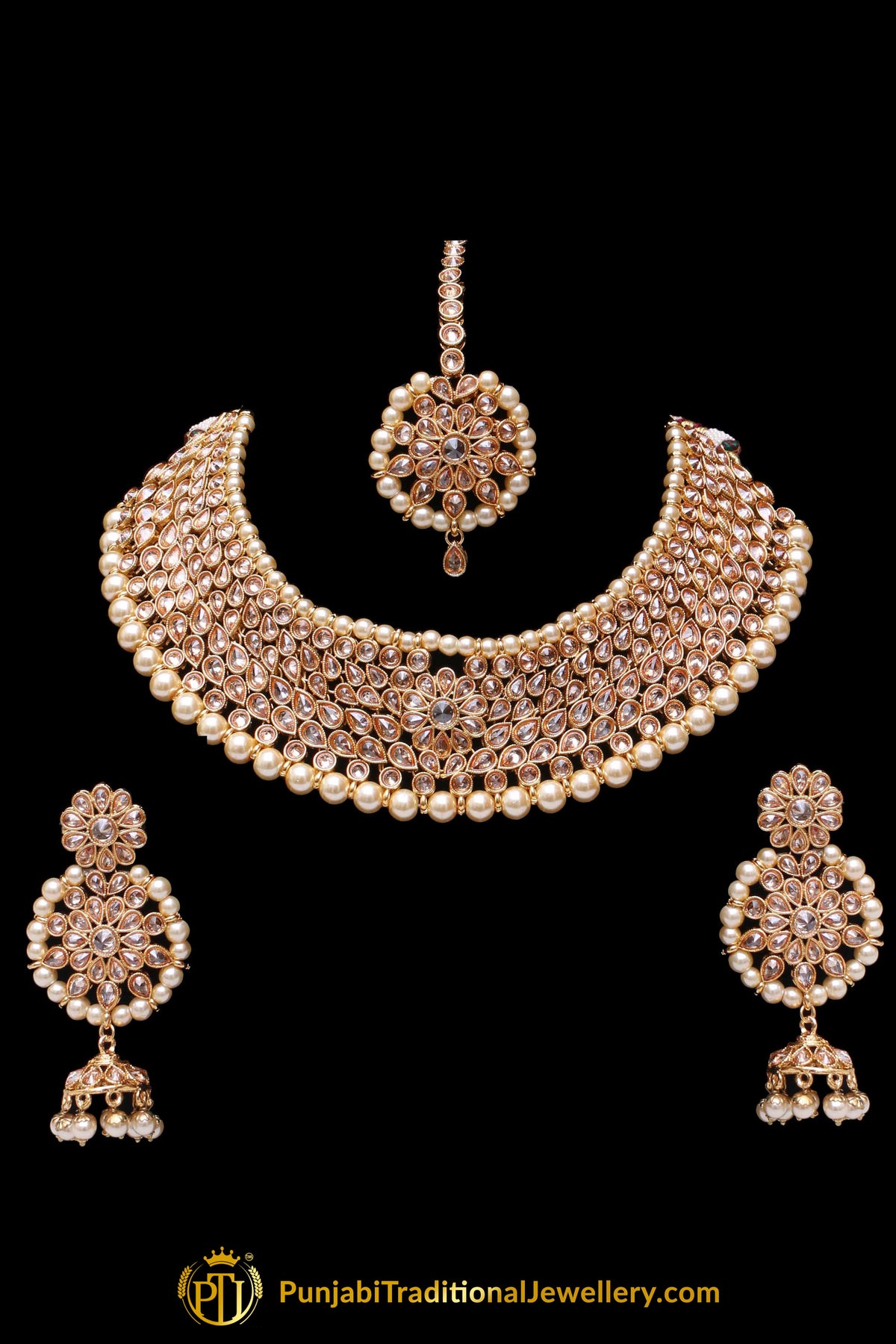 Pearl Champagne Stone Necklace Set By Punjabi Taditional Jewellery