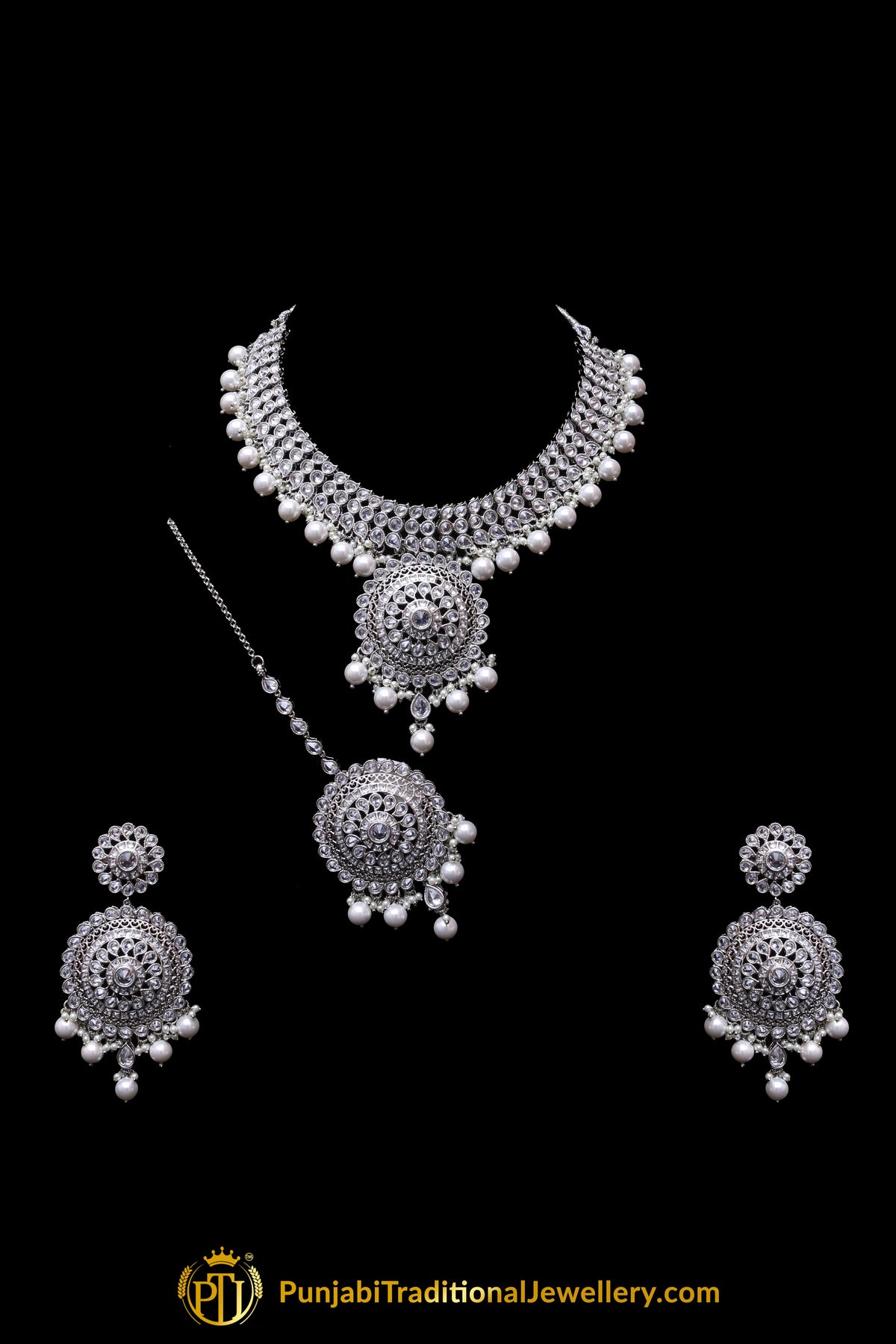 Silver Polki Pearl Necklace Set By Punjabi Traditional Jewellery