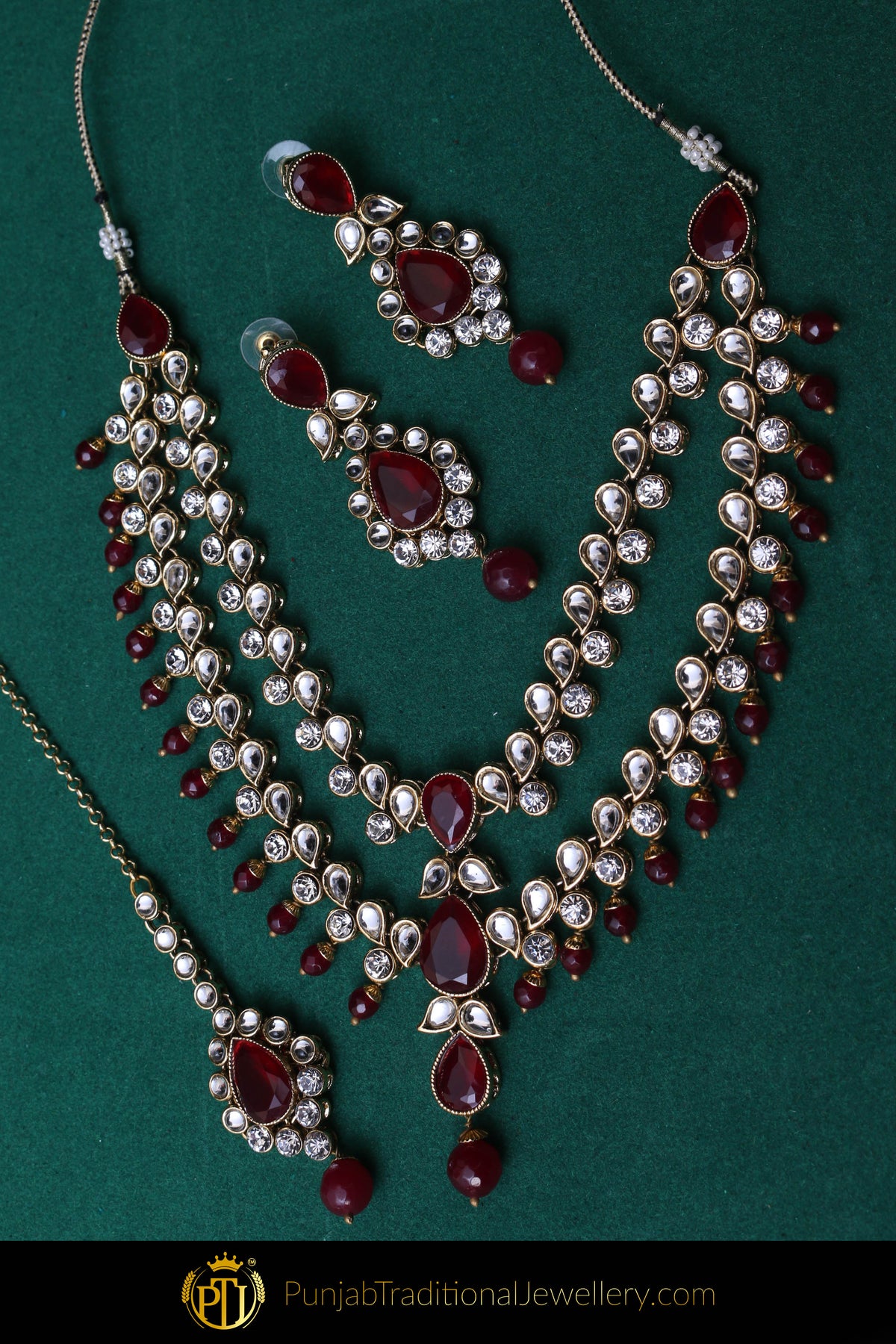 Red Kundan Necklace Set By Punjabi Traditional Jewellery