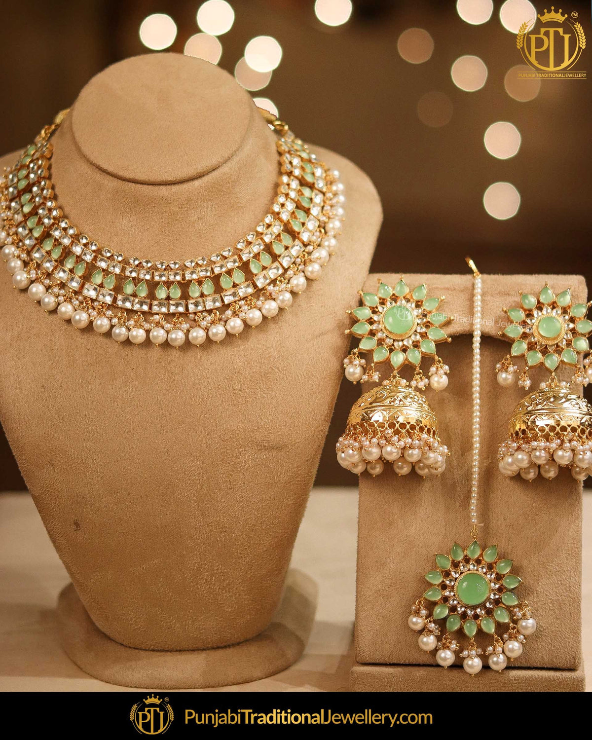 Gold Finished New Jade Kundan Pearl Jhumki Earring & Necklace Set | Punjabi Traditional Jewellery Exclusive