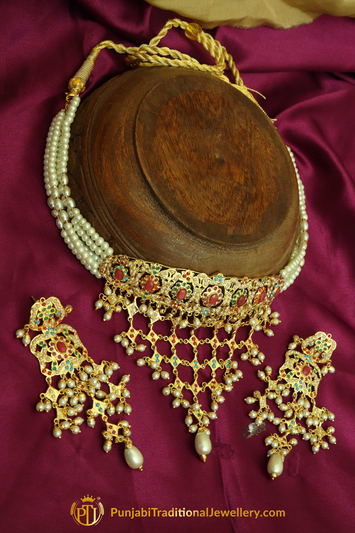 Multi Jadau Choker Necklace Set By Punjabi Traditional Jewellery