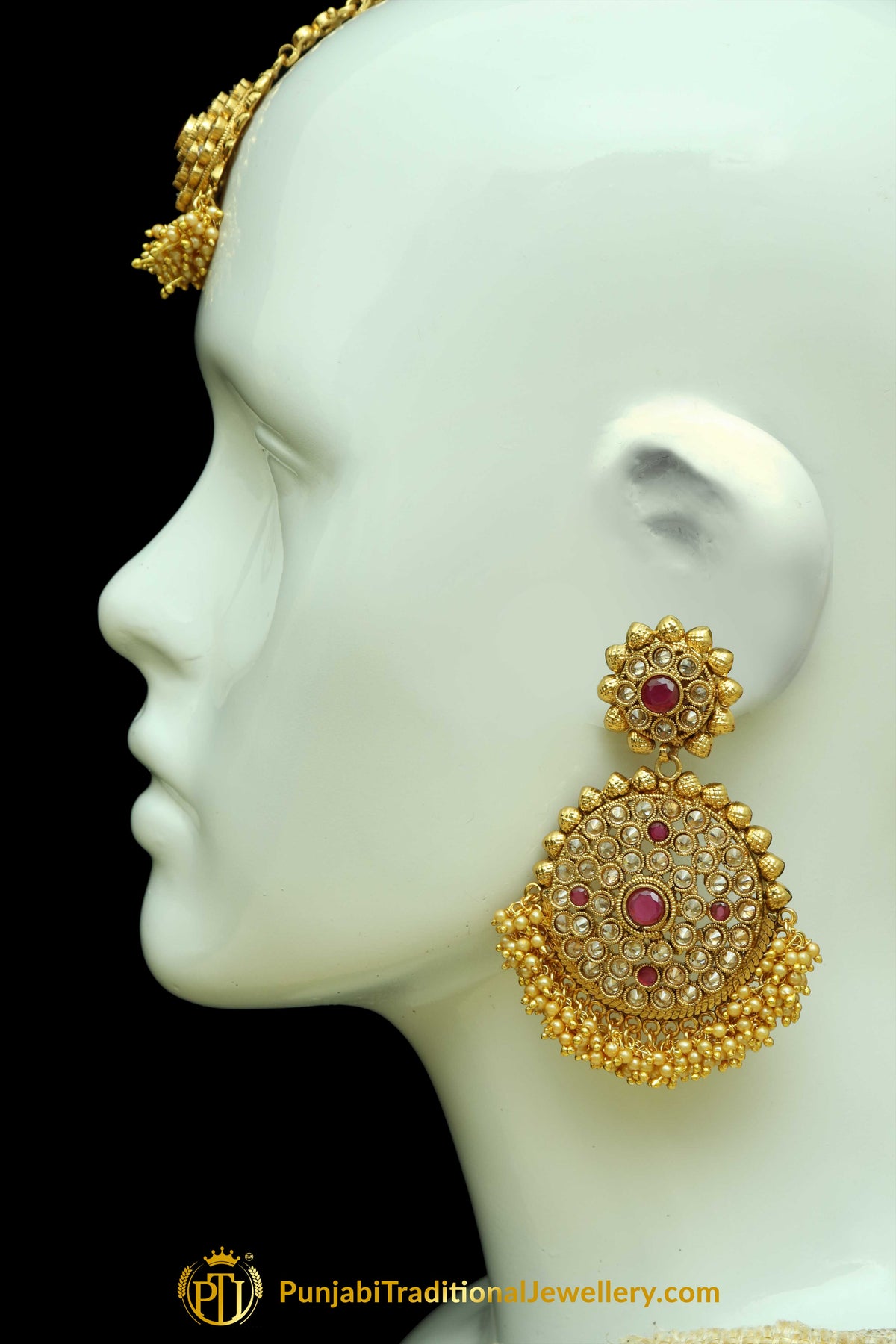 Red Polki Earrings Tikka Set By Punjabi Traditional Jewellery