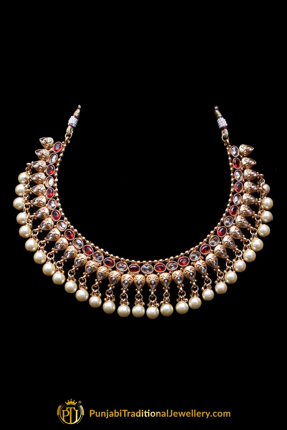 Red Pearl Polki Necklace Set By Punjabi Taditional Jewellery