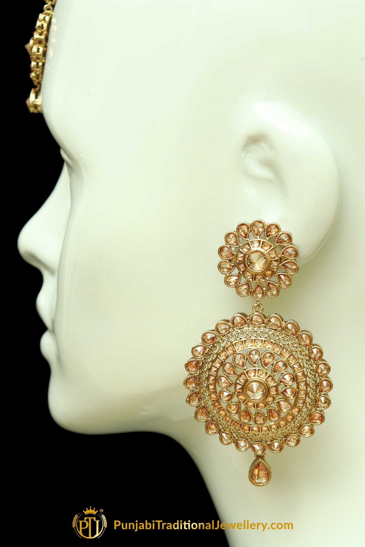Gold Finished Champagne Stone Earring Tikka Set By Punjabi Traditional Jewellery