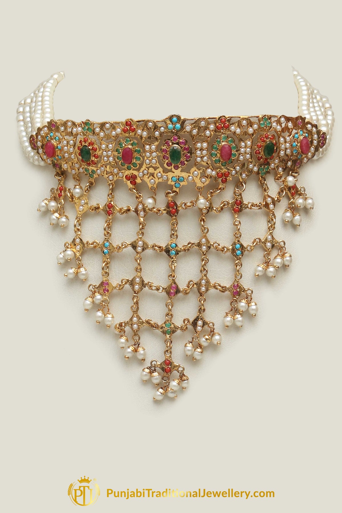 Jadau Multi Pearl Necklace Set By Punjabi Traditional Jewellery